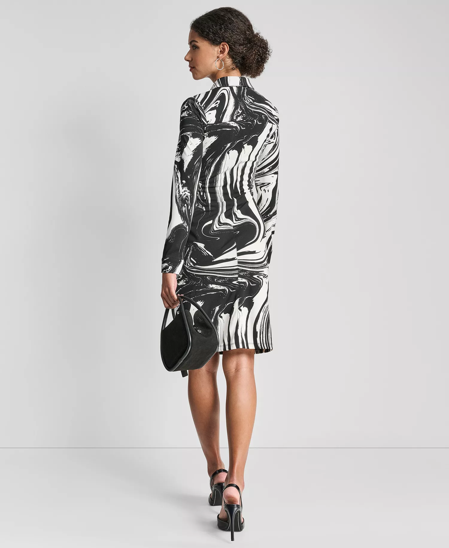 Petite Long-Sleeve Knotted Belted Faux Wrap Dress - Black/Ivory - 0P