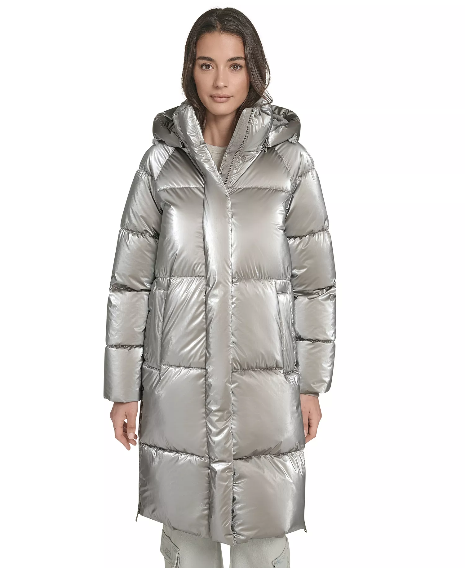 Women's Regular Long Puffer Jacket - Silver - L