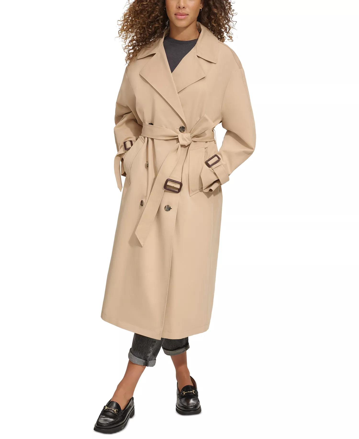 Women's Classic Relaxed Fit Belted Trench Coat - Khaki - L