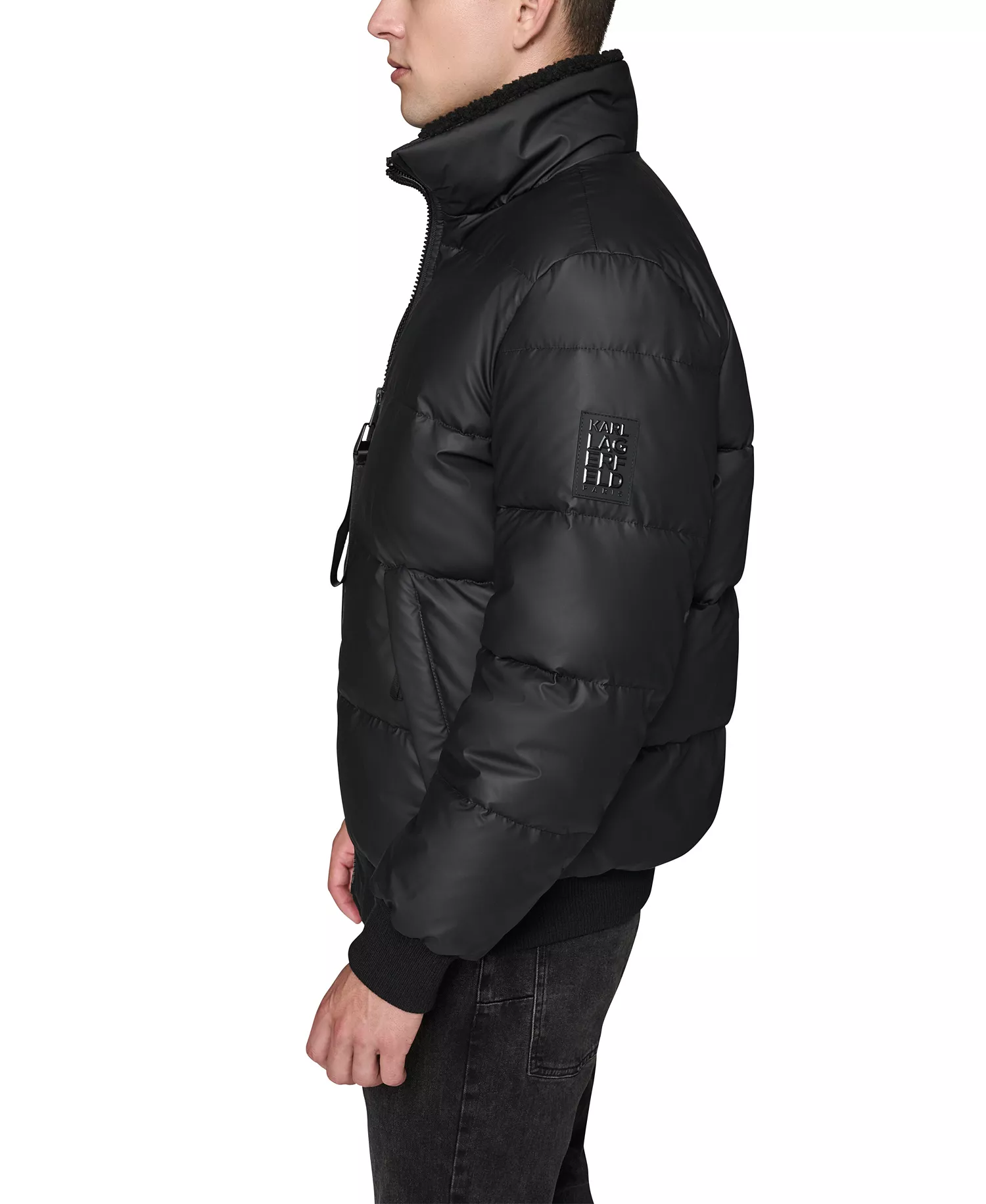Men's Sherpa Lined Stand Collar Puffer Jacket - Black - L