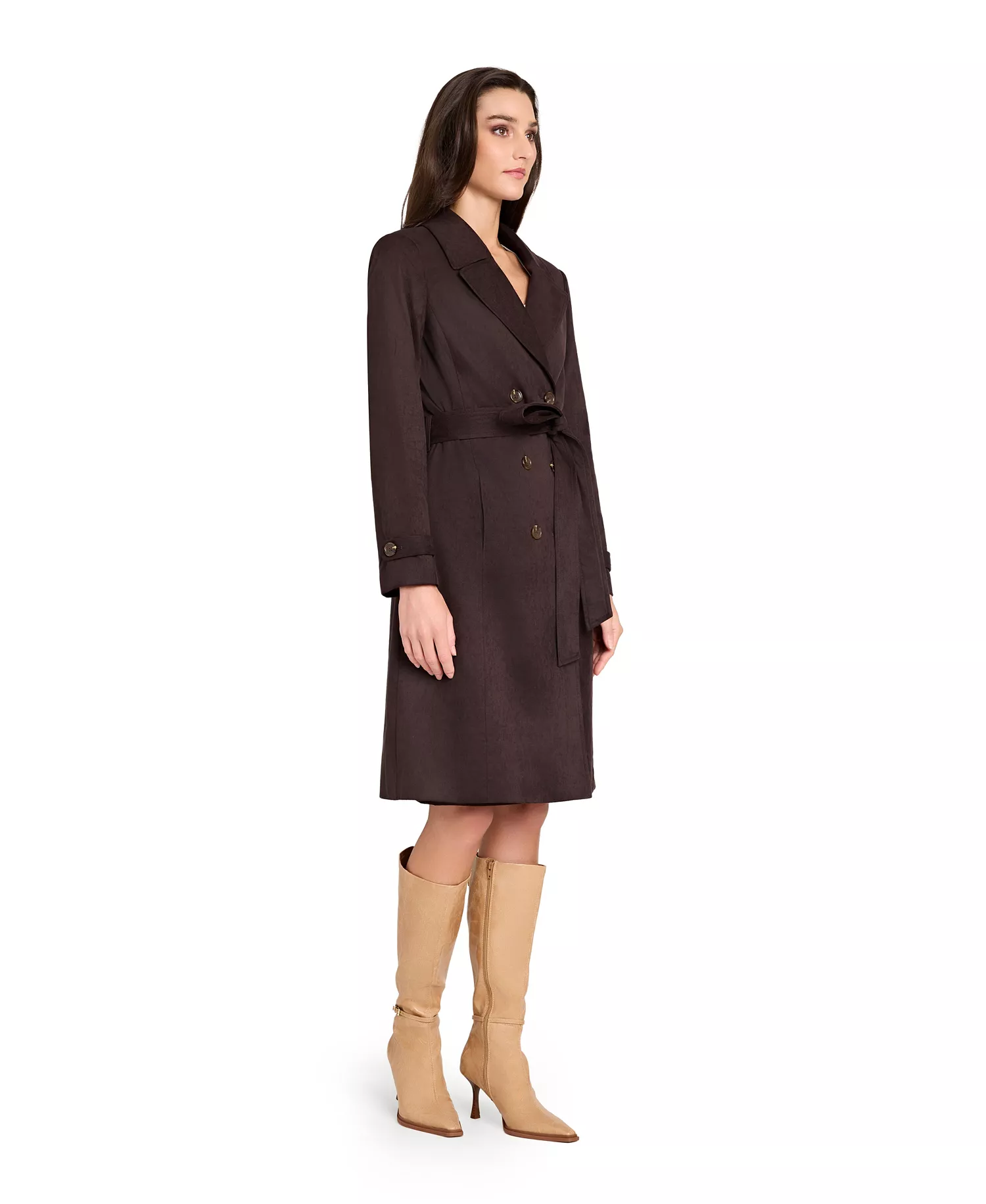 Petite Suede Long Sleeve Trench Coat - Espresso - 10P