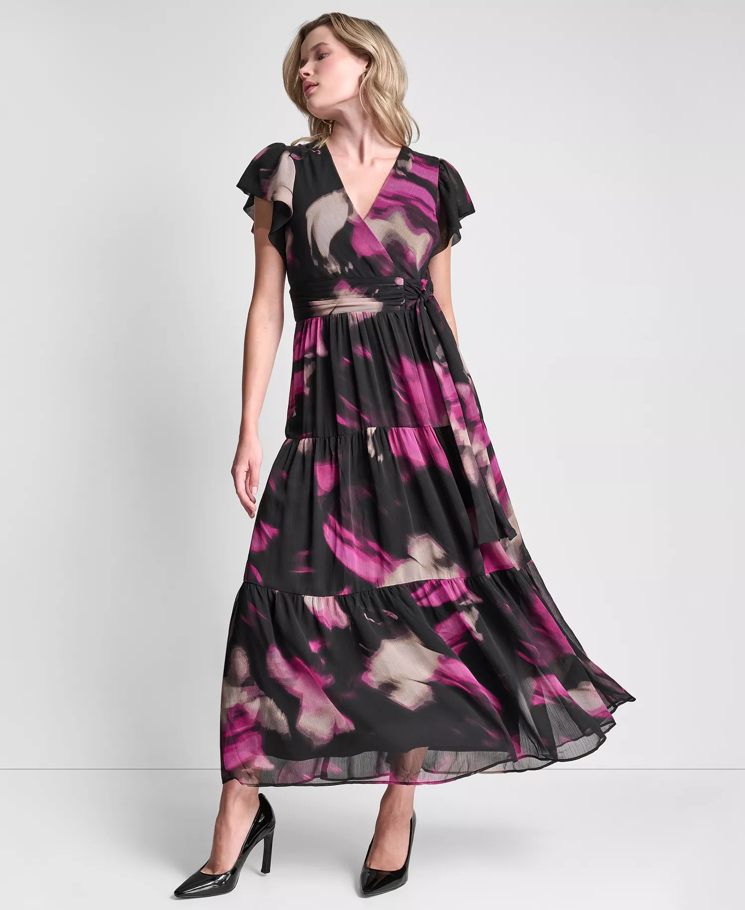 Women's Ruffle Cap Sleeve Surplice Neck Maxi Dress - Black Multi - 10