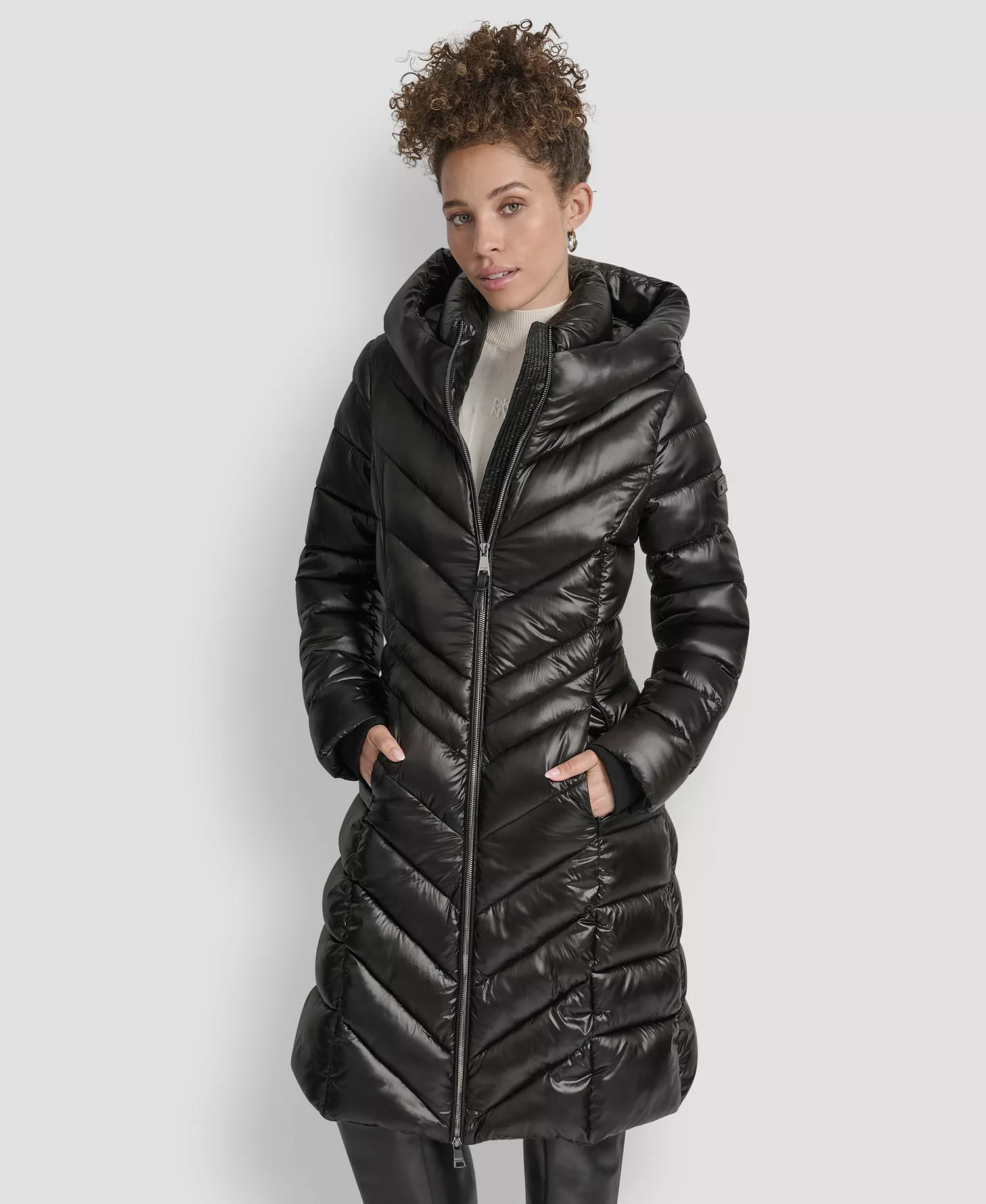 Women's Full-Zip Front Quilted Puffer Coat - Black - L