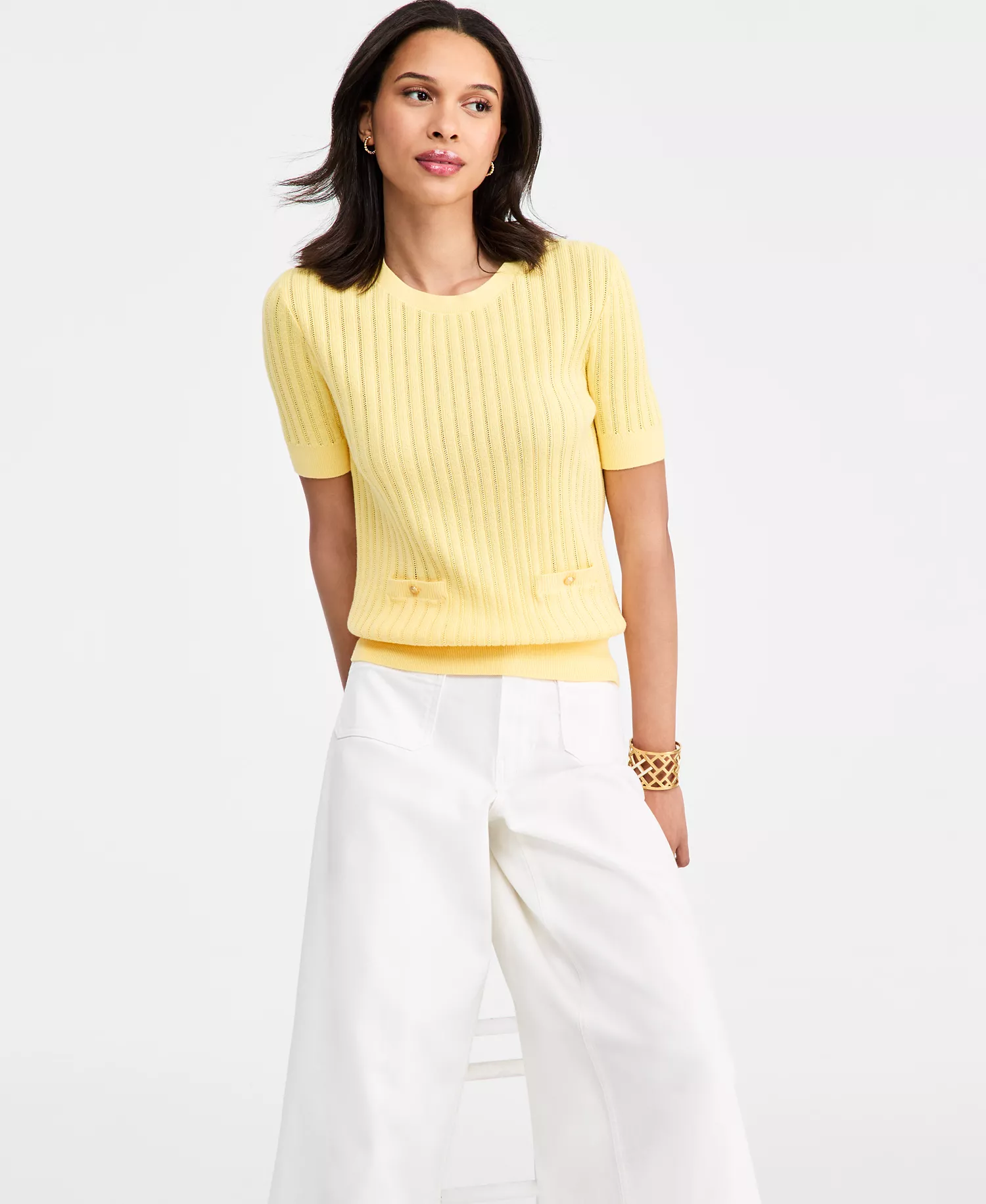 Women's Pointelle Ribbed Short-Sleeve Sweater - Citronella - L