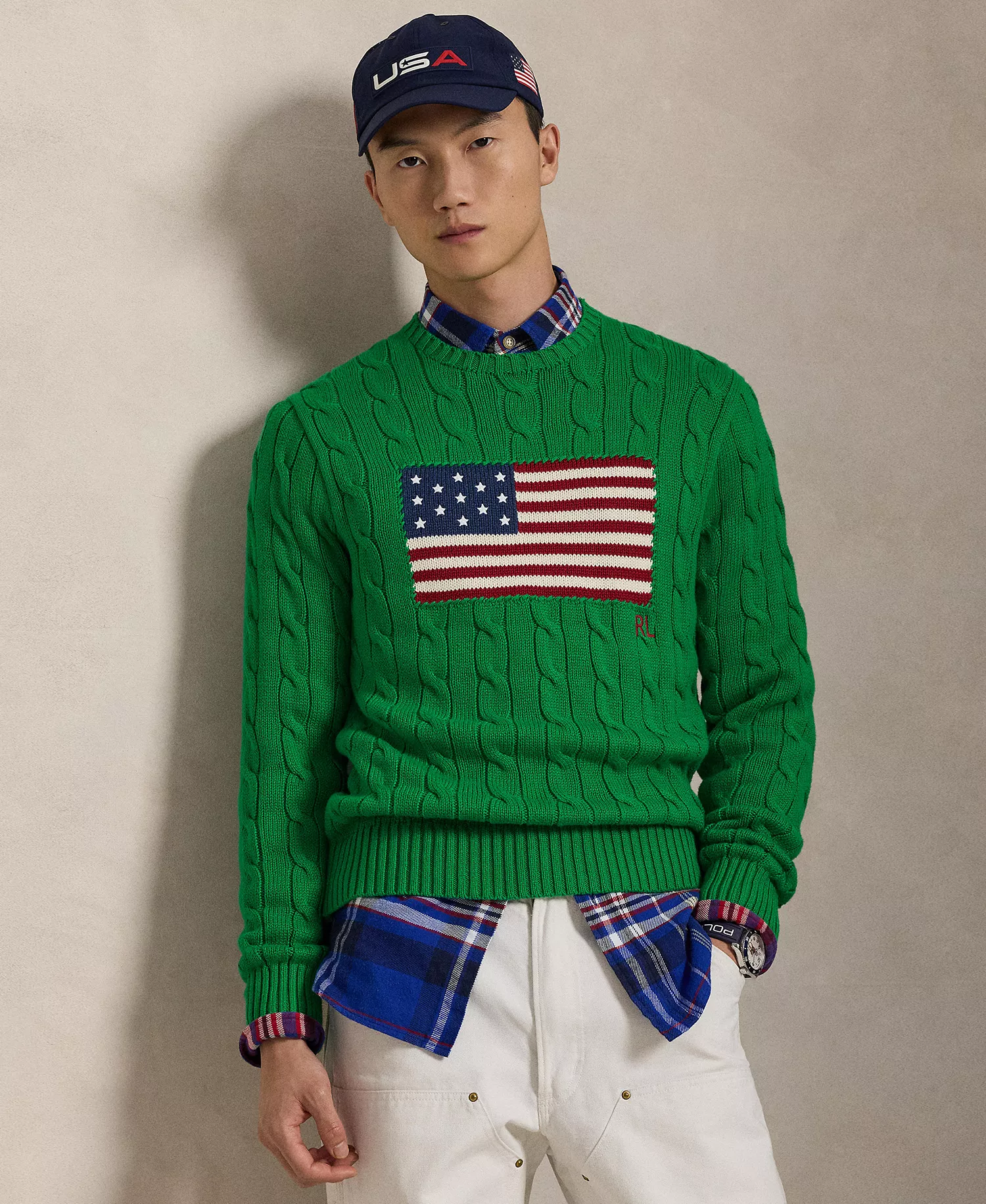 Men's  Cable-Knit Flag Sweater - Billard Green - L