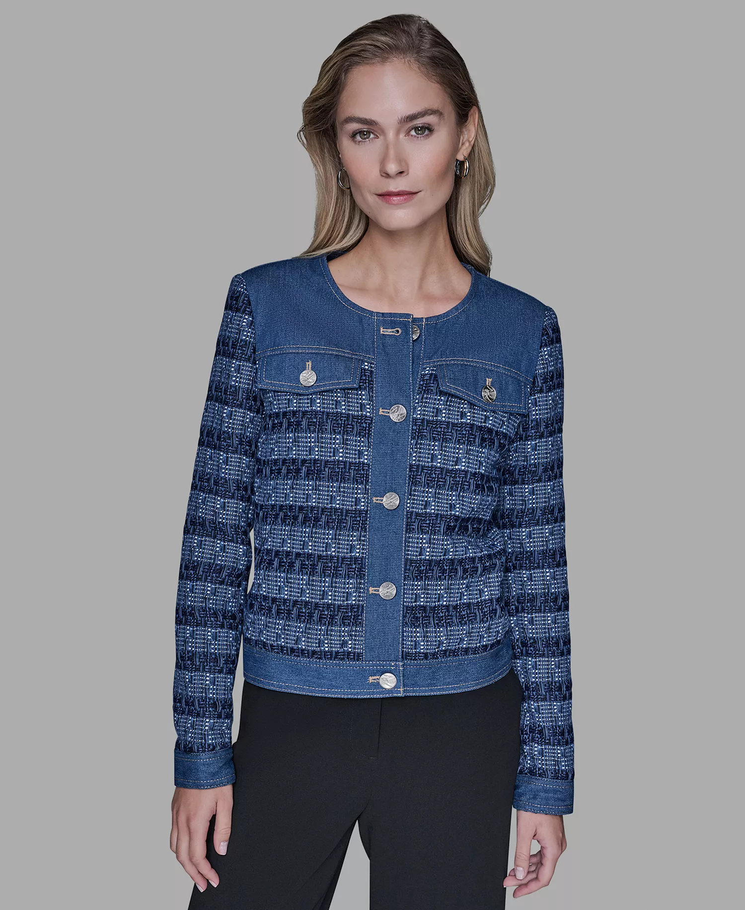 Women's Denim Tweed Crewneck Jacket - Blu Aura/french Blue Multi - P/L