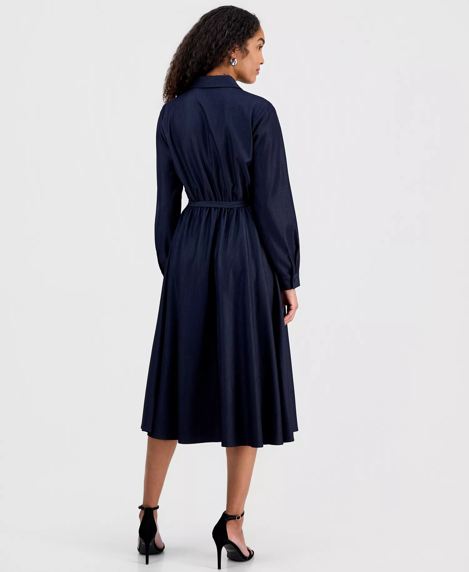Women's Belted Button Long-Sleeve Fit & Flare Dress - Denim - 10