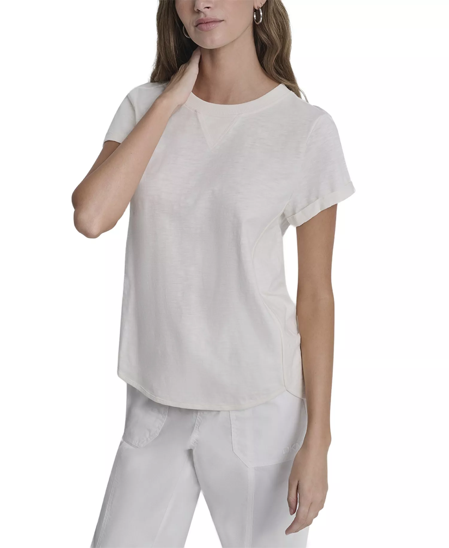 Women's Embroidered Crewneck Logo Roll-Sleeve Top - Eggnog - L