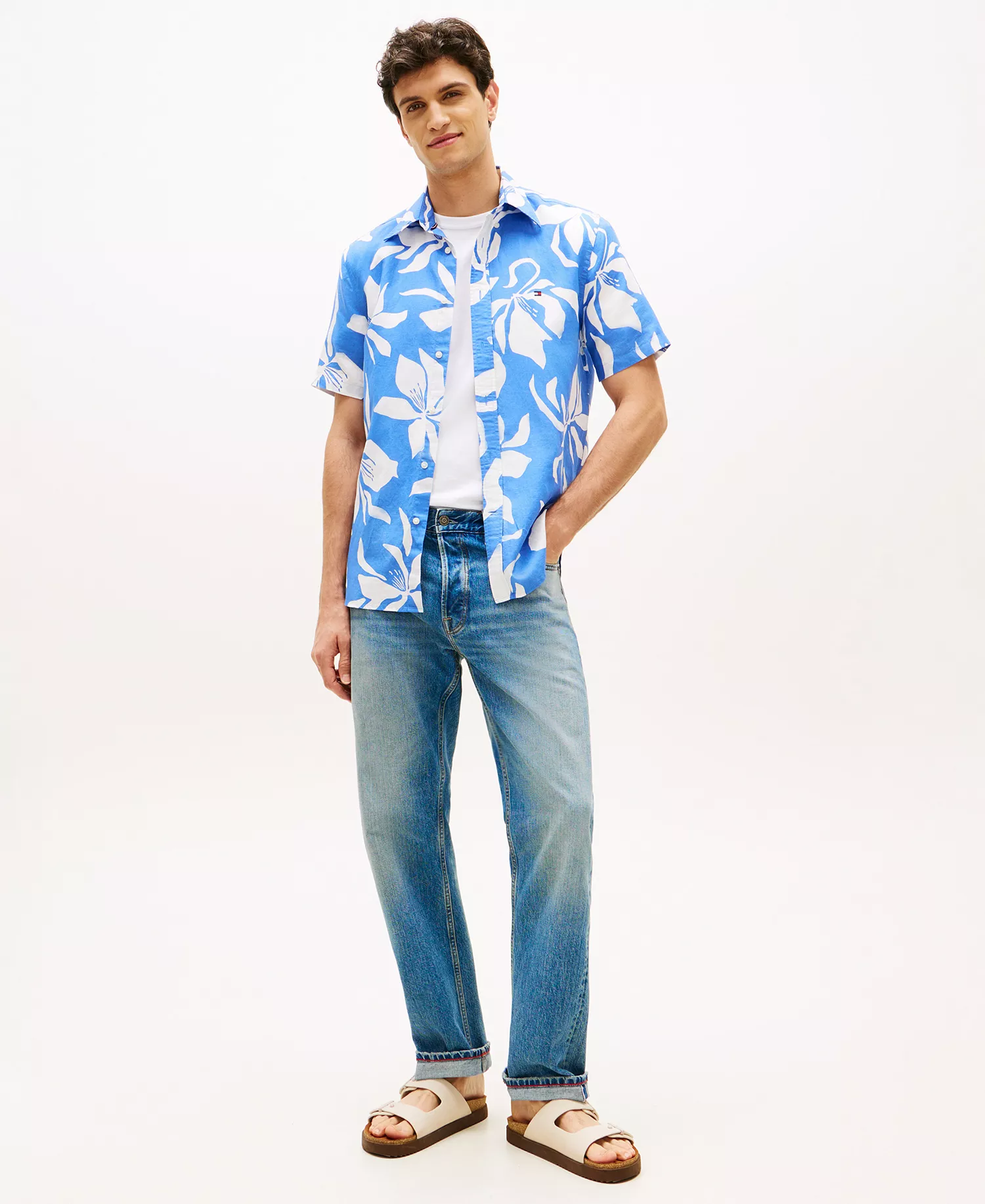 Men's Linen Flower Print Button-Down Shirt - Blue Spell / Allover - L