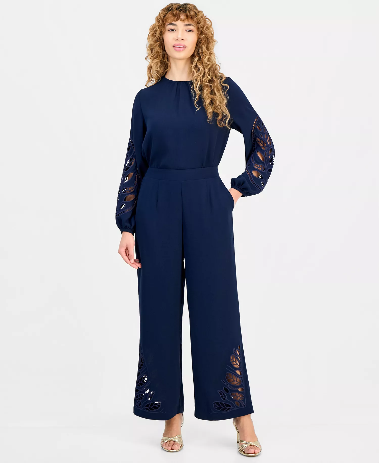 Women's Embroidered-Hem Wide-Leg Pants - Navy - L