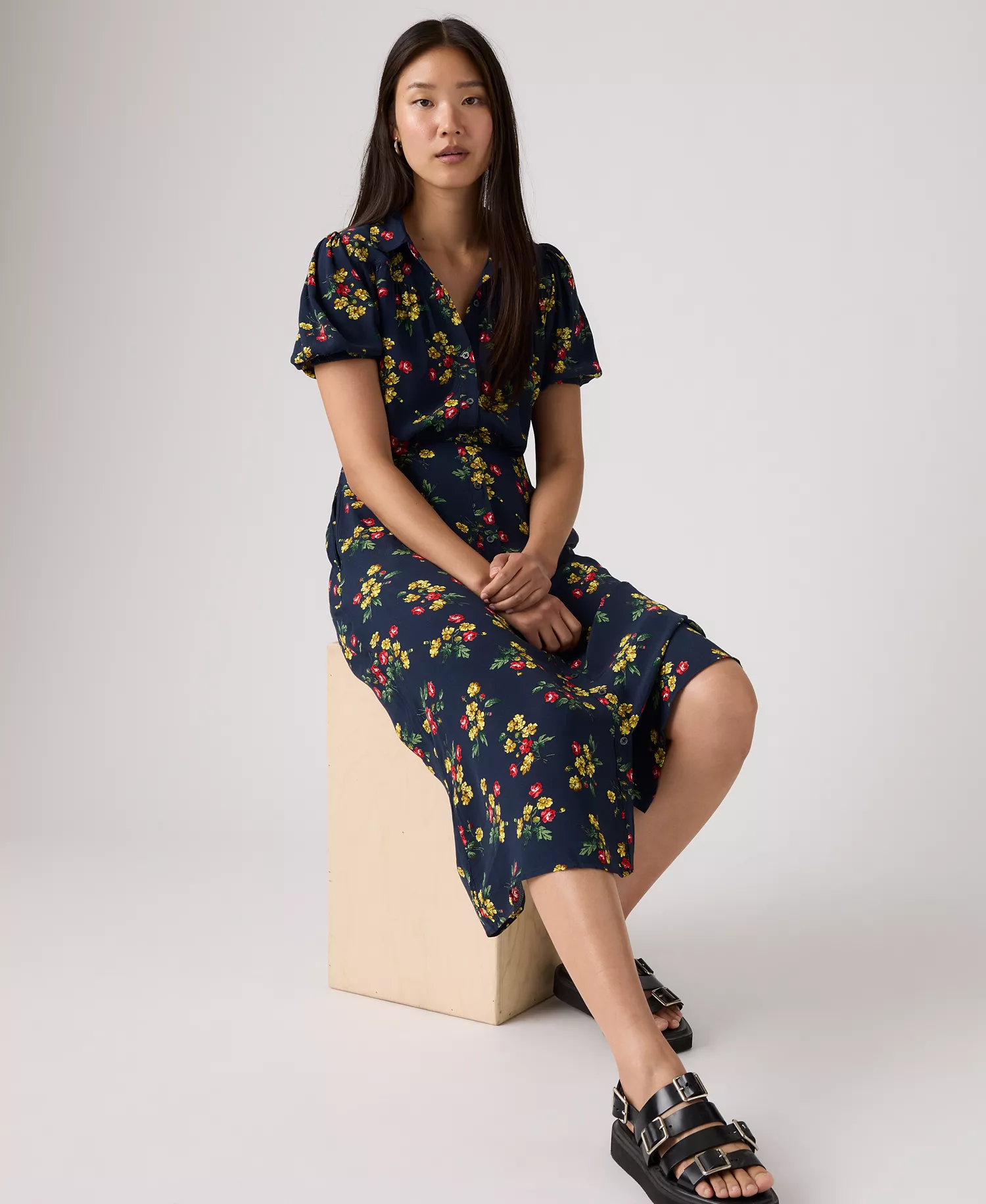 Premium Women's Rosa Short Sleeve Midi Dress - Navy - L