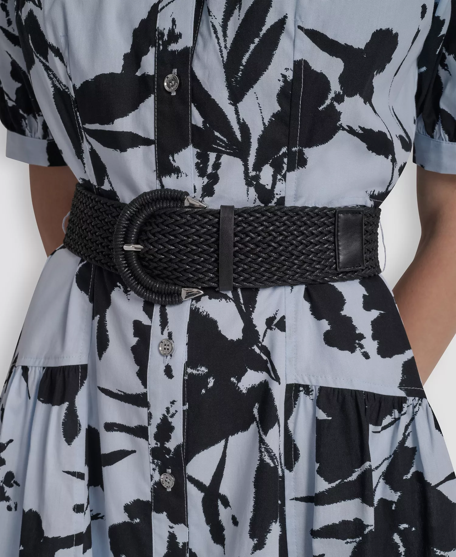 Petite Short-Sleeve Collared Belted Shirtdress - Skyway Blue/Black - 0P