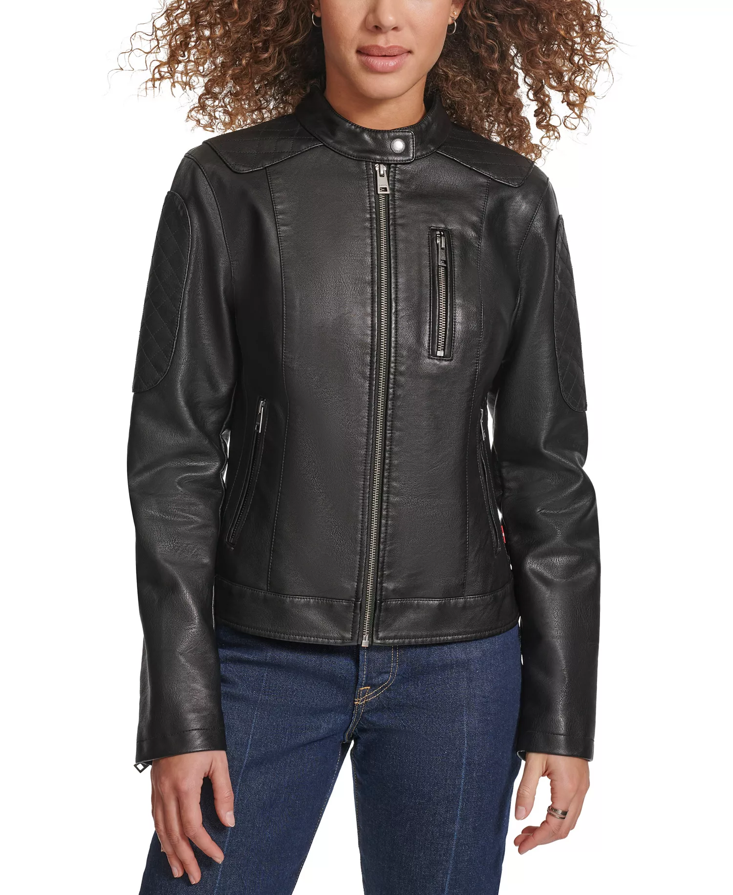 Women's Faux Leather Biker Jacket - Black - L
