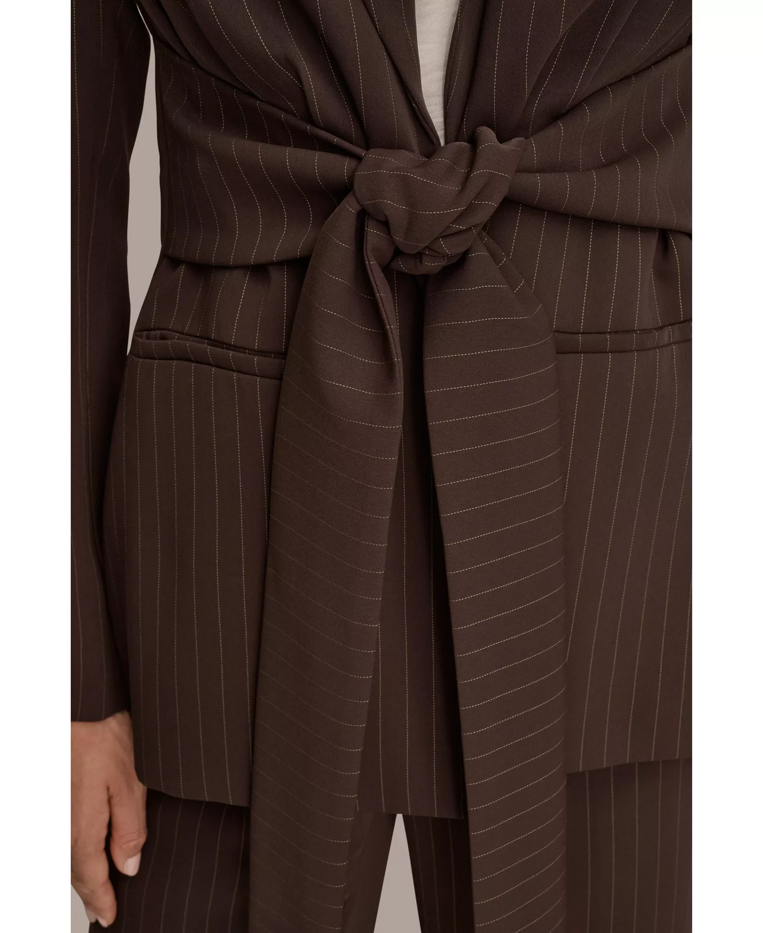 Women's Notch Lapel Collar Pinstripe Tie-Waist Jacket - Chocolate Plum/Nolita - 12