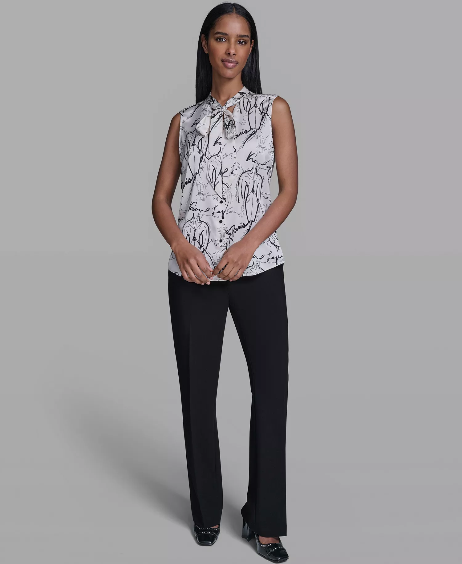 Women's Woven V-Neck Top - Bisque/Black - L