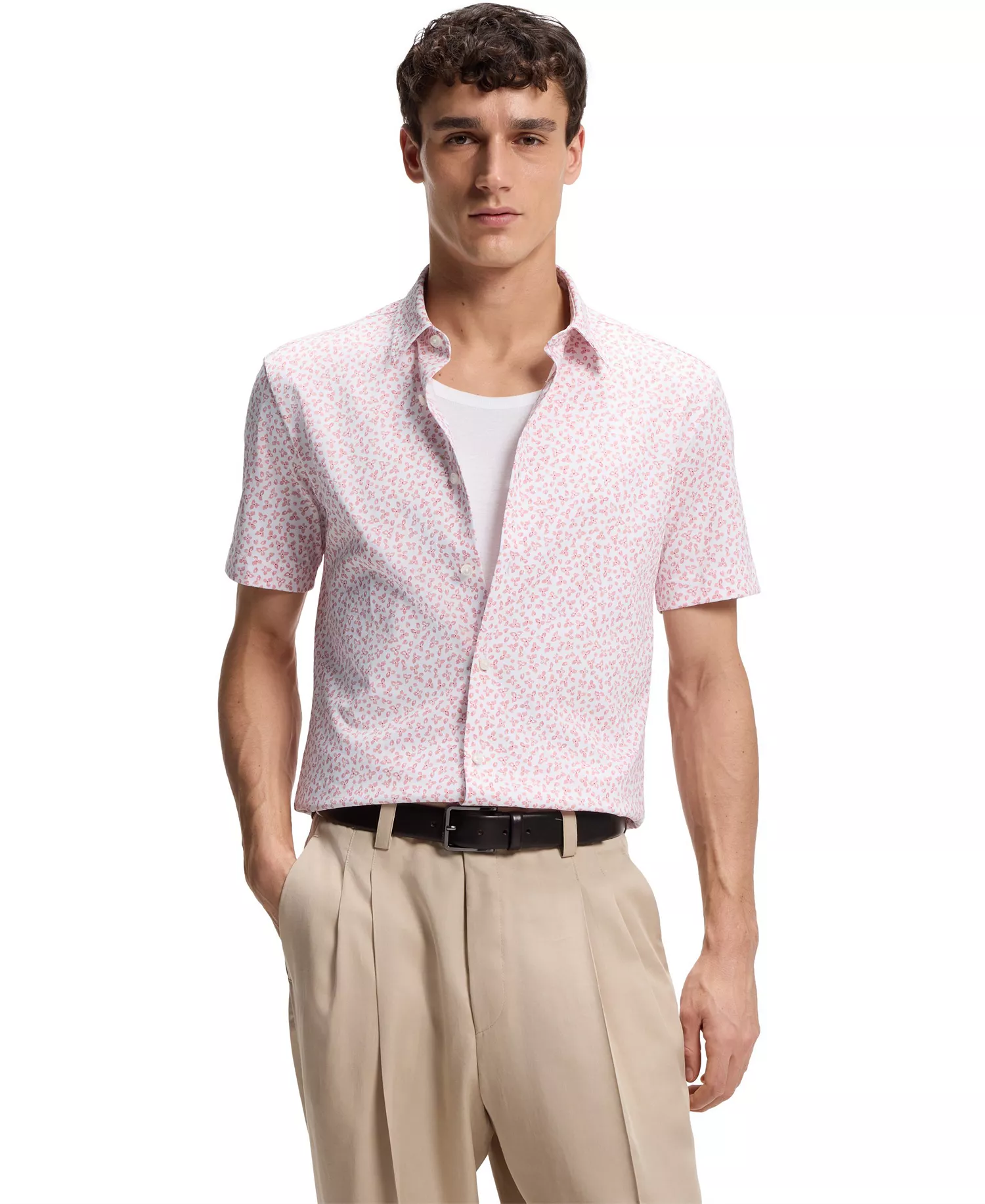 BOSS by Men's Printed Cotton-Blend Jersey Slim-Fit Shirt - Open Pink - L