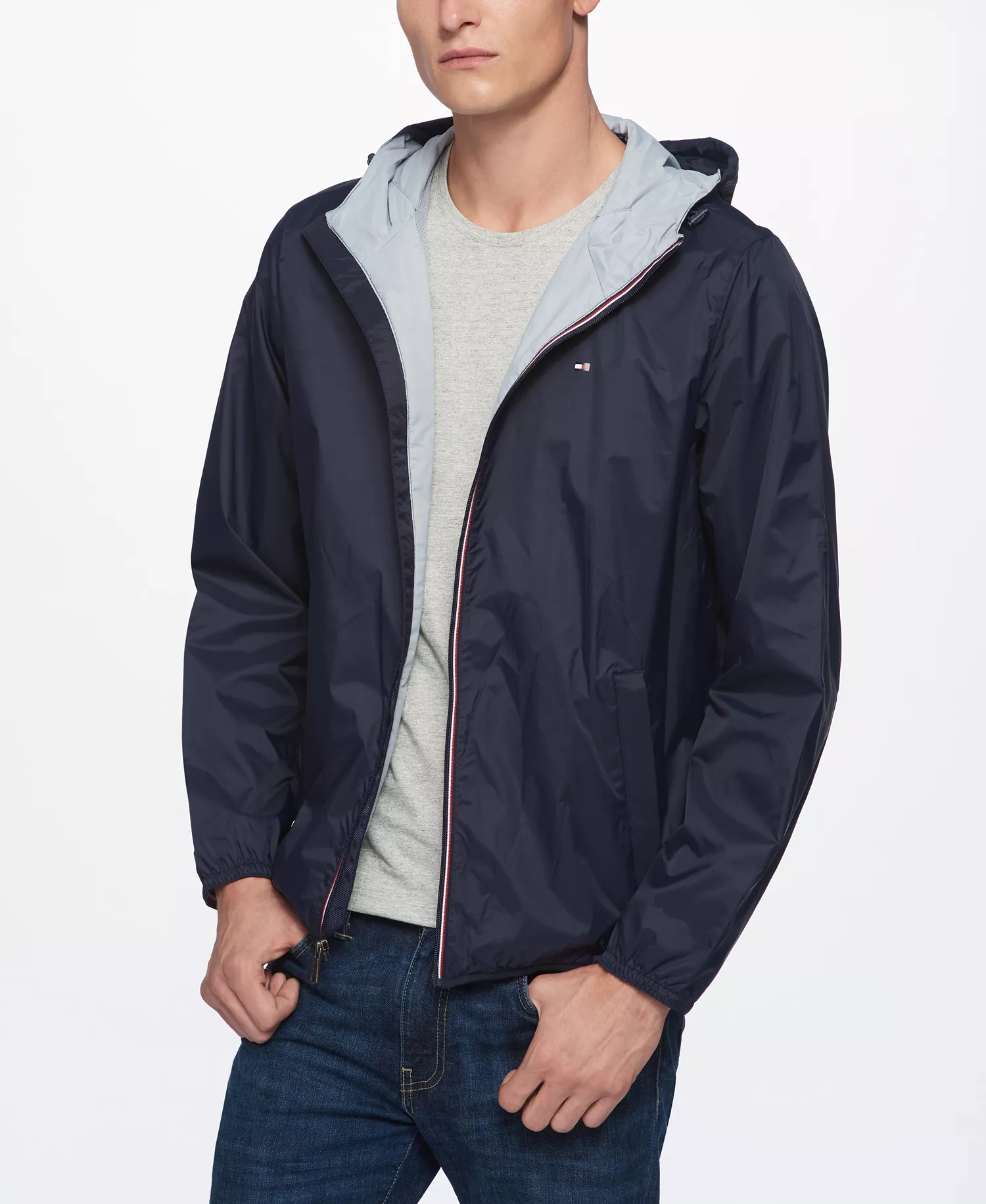 Men's Zip-Front Hooded Nylon Windbreaker - Navy - L