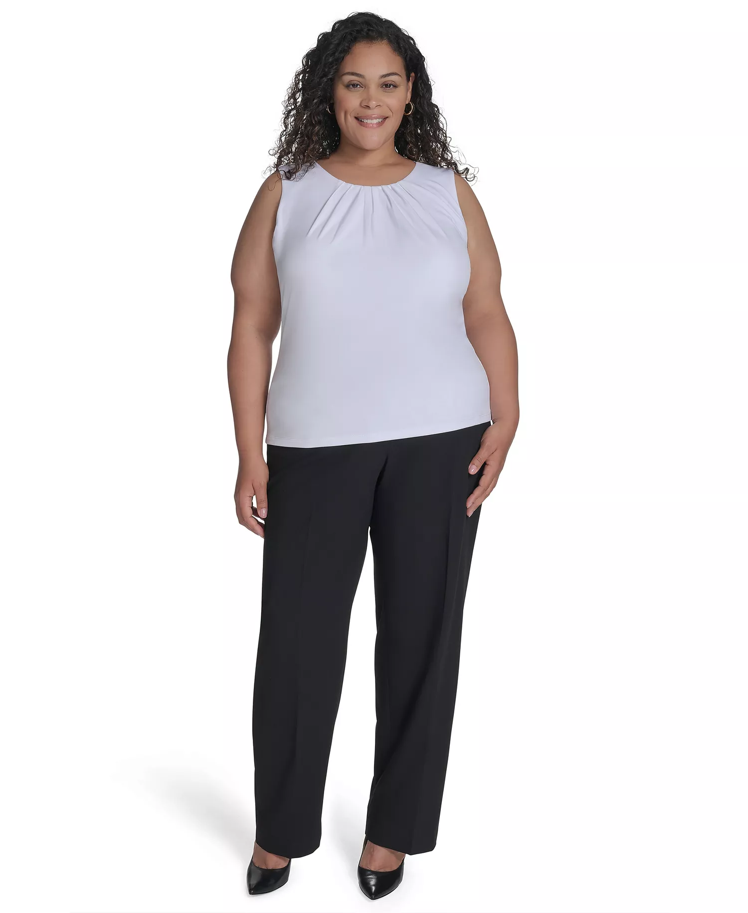 Plus Size Sleeveless Pleat-Neck Top - White - 1X