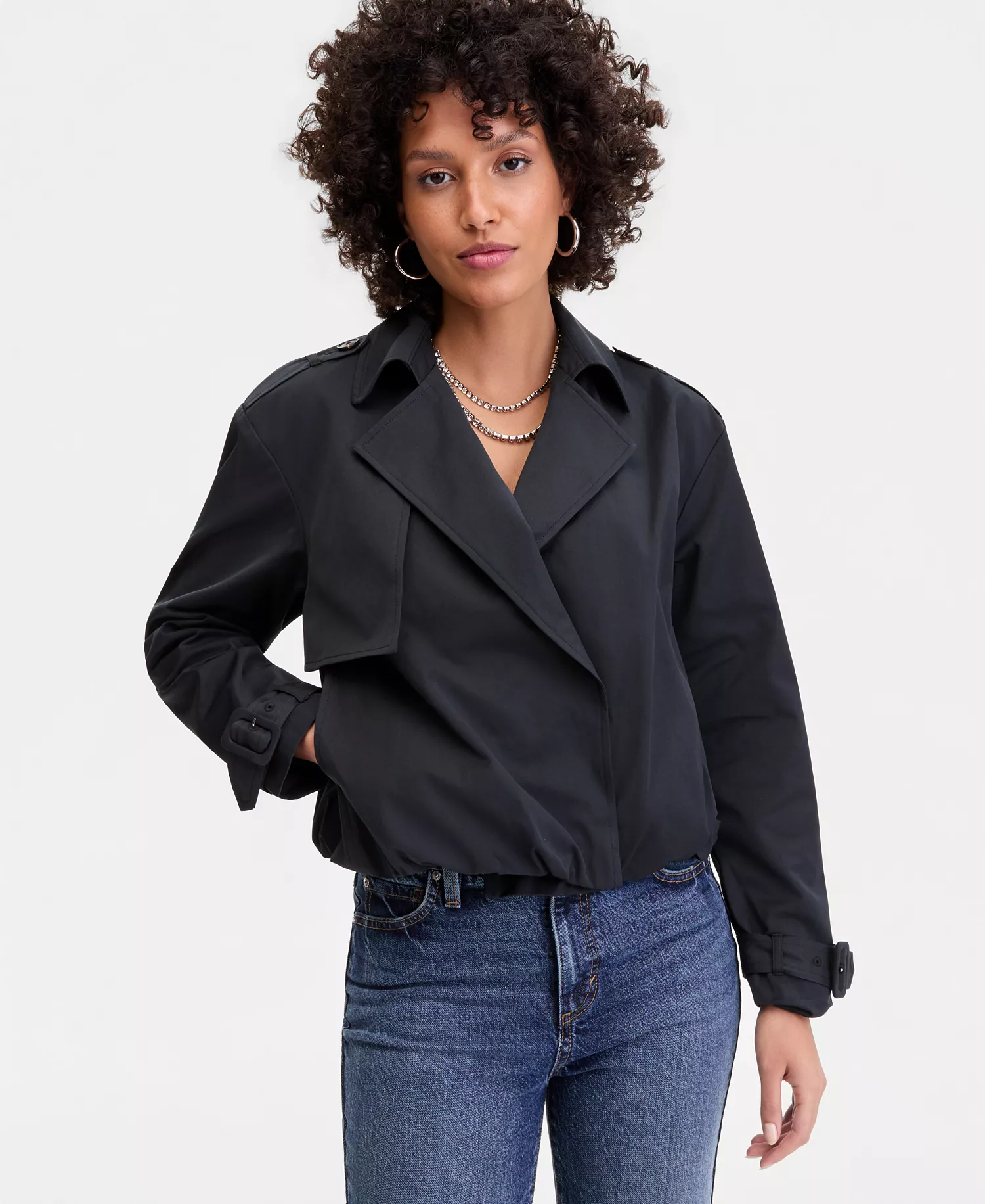 Women's Bubble-Hem Cropped Trench Jacket, Macy's Exclusive - Deep Black - L