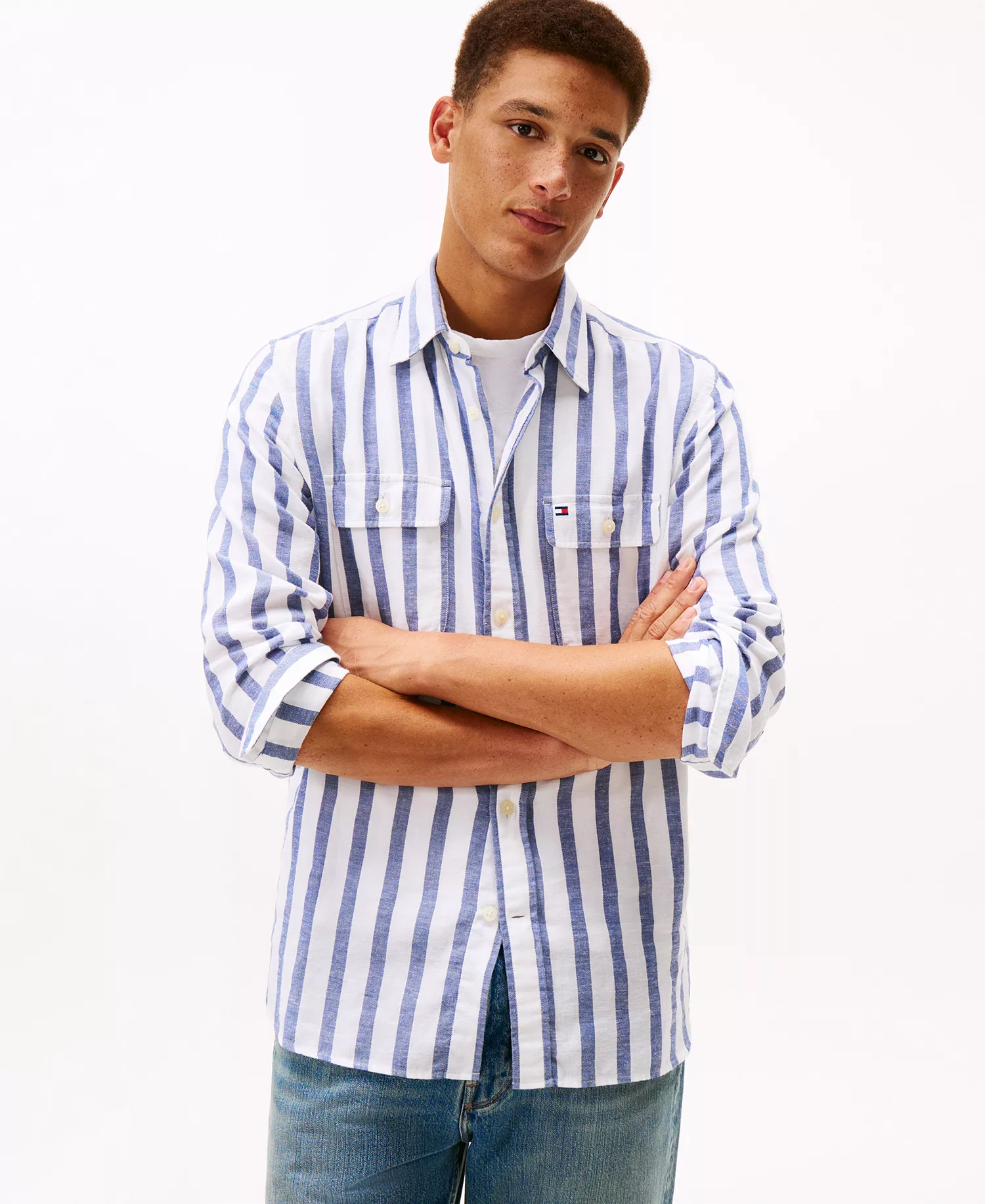 Men's Twill Linen-Blend Striped Relaxed Fit Shirt - Bold Blue / Stripe - L