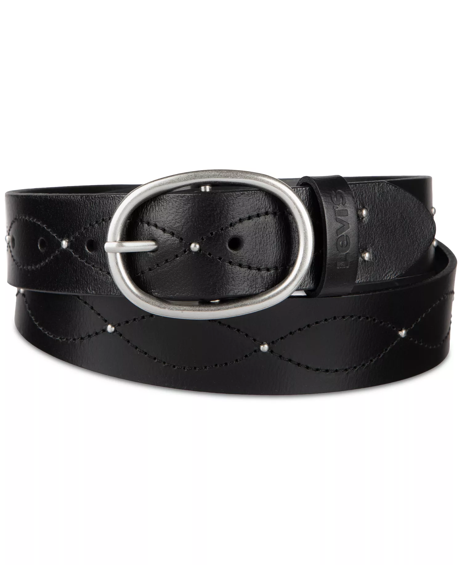 Western Stitched & Studded Leather Belt - Black - L