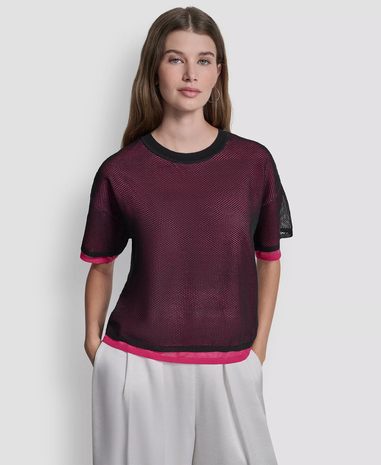 Women's Short-Sleeve Boxy 2-Layer Mesh Sweater - Black/hot Pink - L