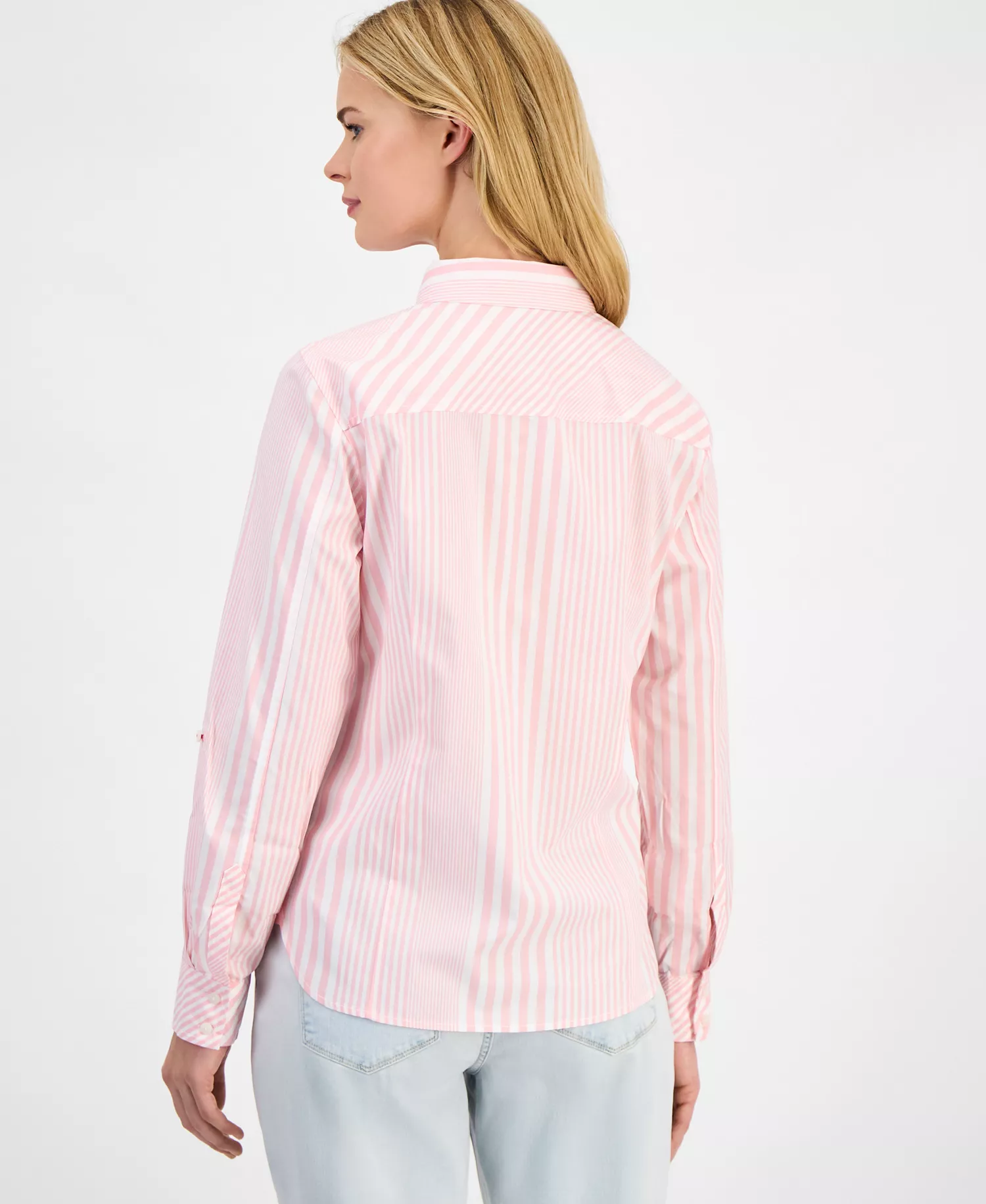 Nautica Women's Springfield Stripe Roll-Tab Shirt - Aster Pink Multi - L