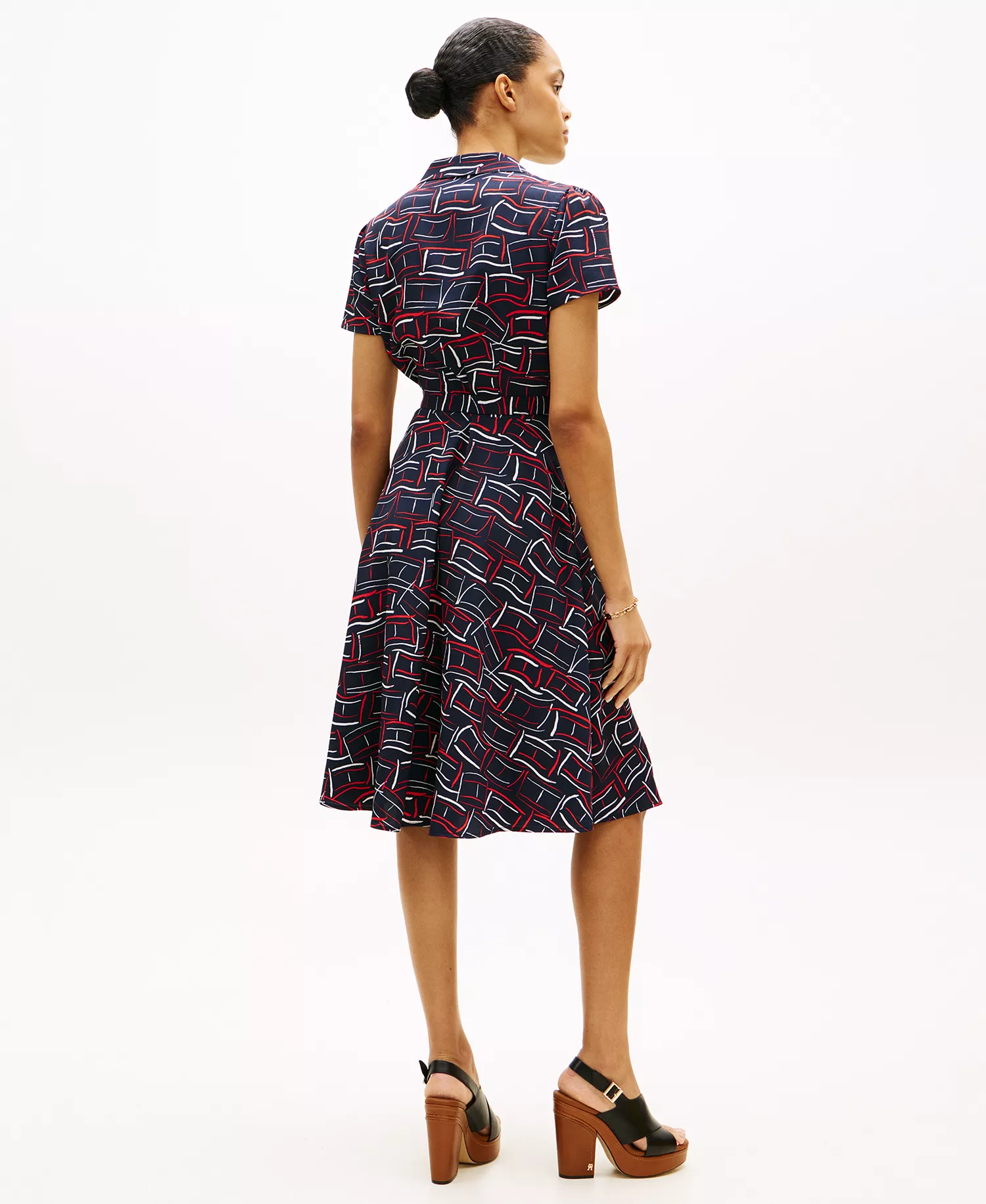 Women's Fluid Printed Collared Shirt Dress - Blue - L
