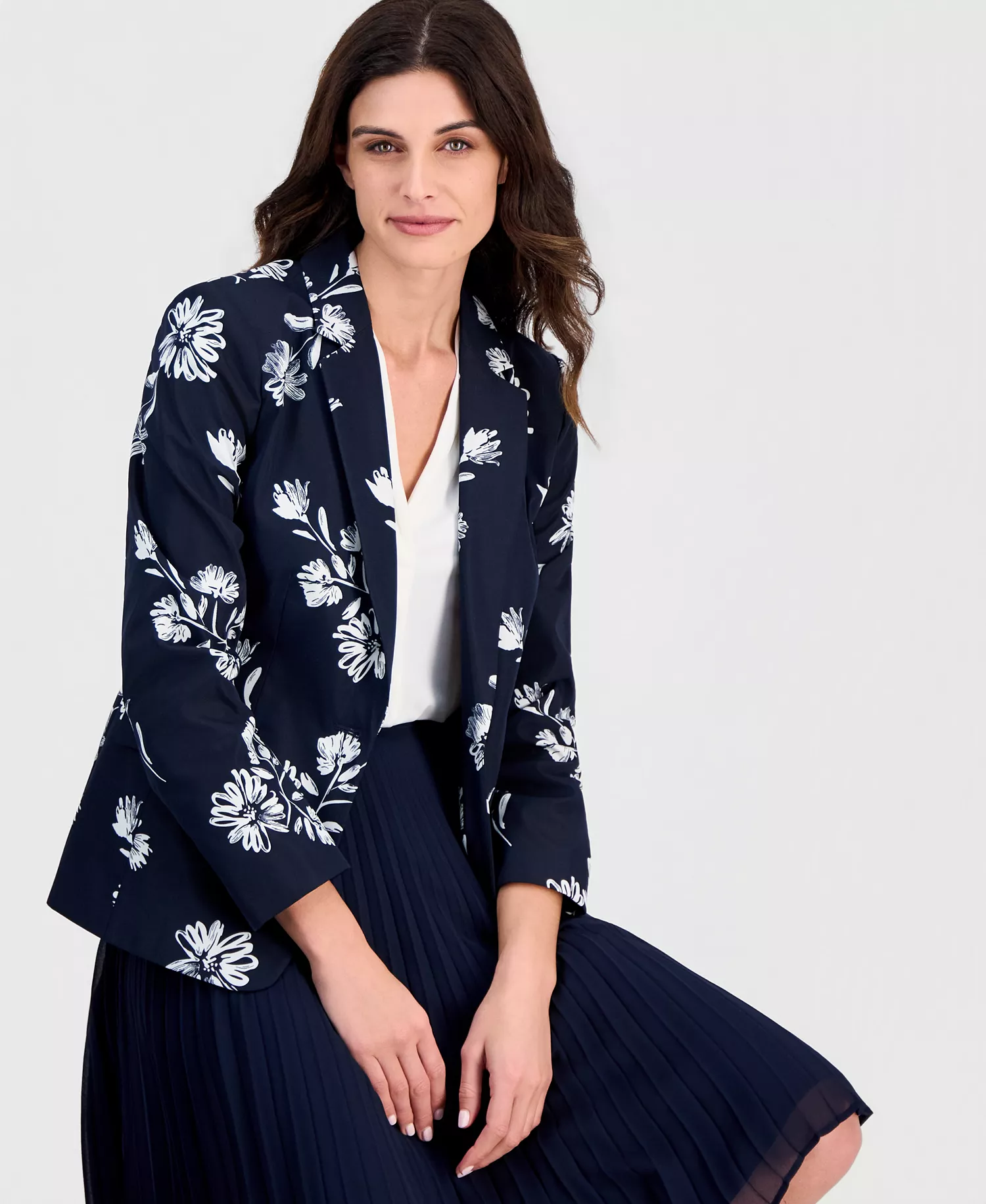 Petite Printed One-Button Jacket - Navy Ivory - 10P