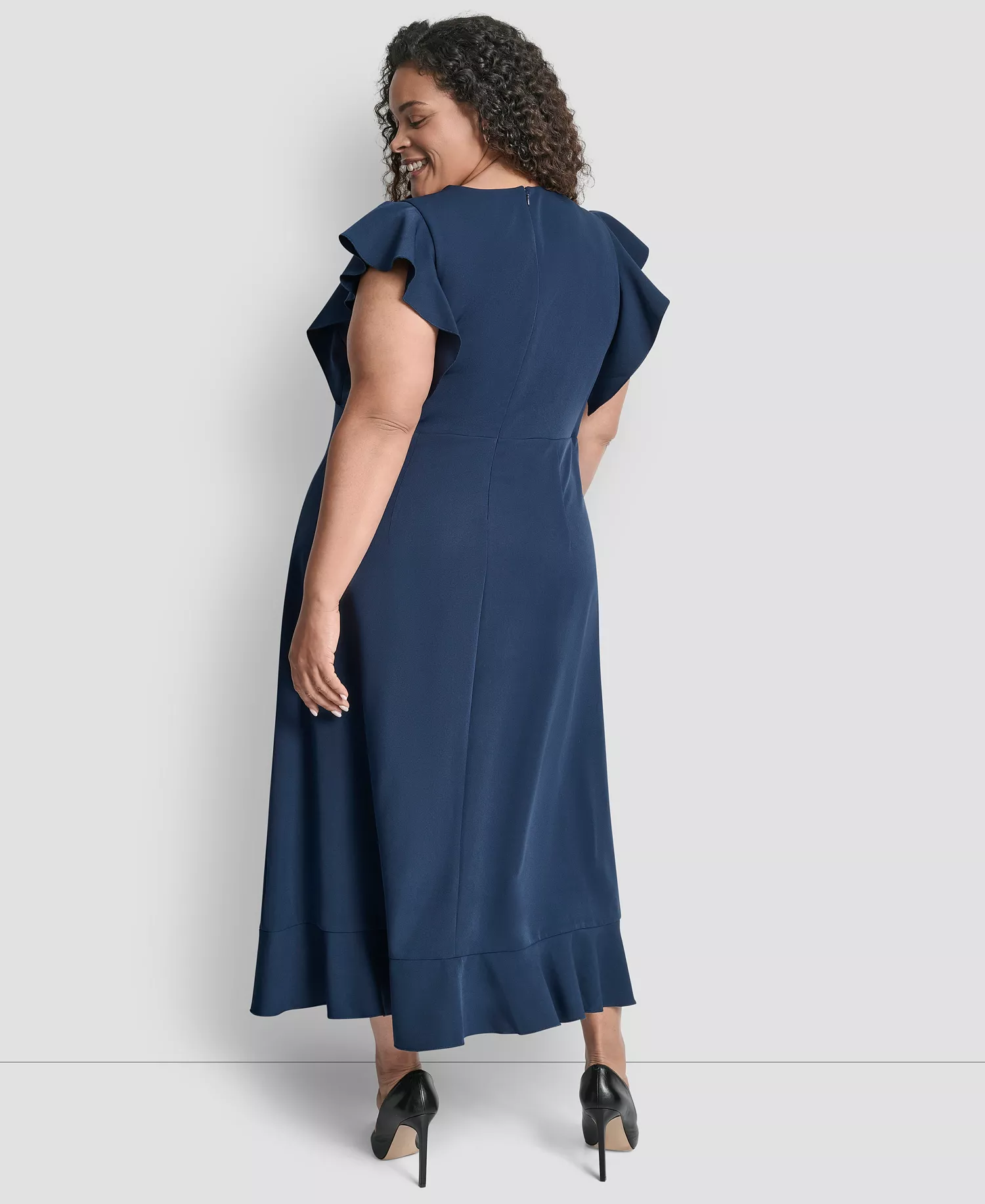 Plus Size V-Neck Ruffle Sleeve Midi Dress - Indigo - 14W