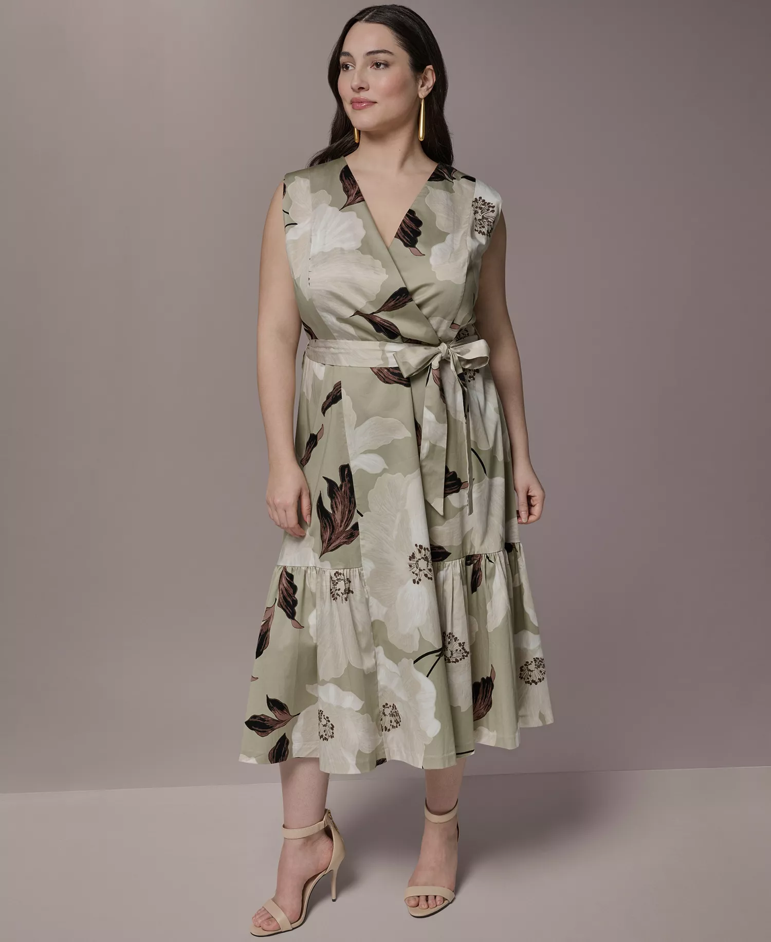 Plus Size Sleeveless Belted Midi Dress - Agave Multi - 14W
