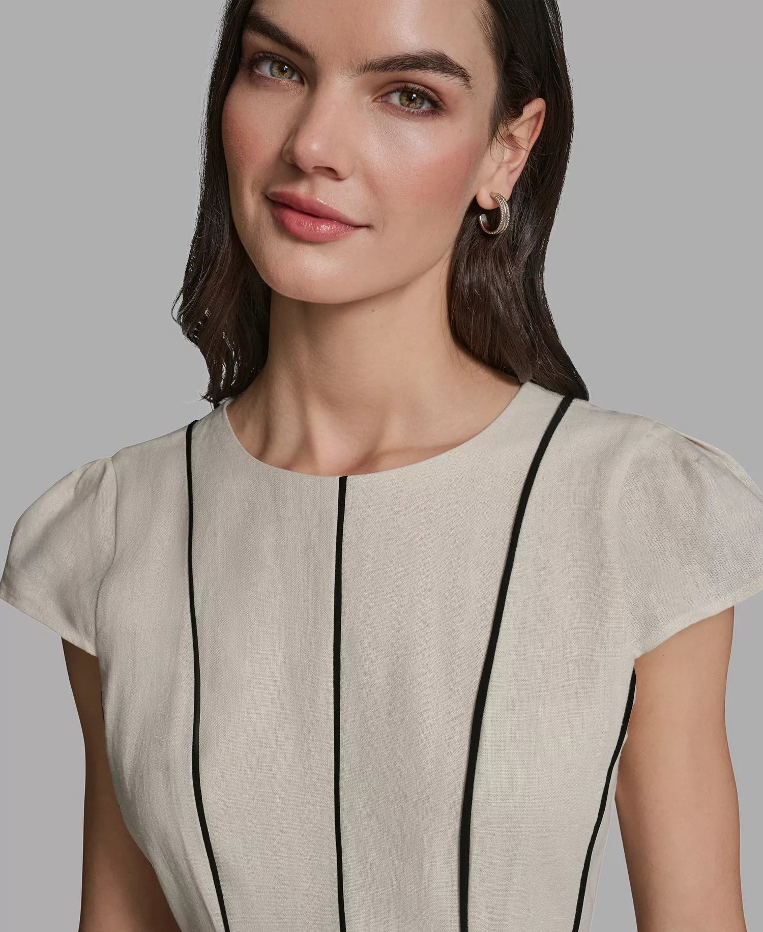 Women's Vertical Striped Piping Midi Dress - Bisque/Black - 0