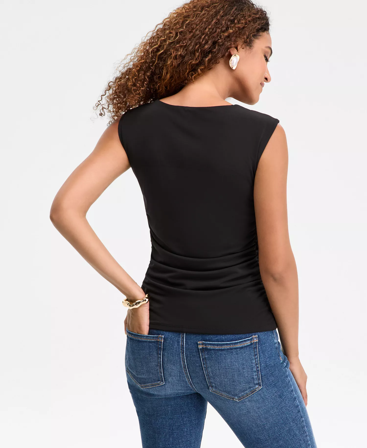 Women's Sleeveless Ruched Boatneck Knit Top, Macy's Exclusive - Deep Black - L - Regular