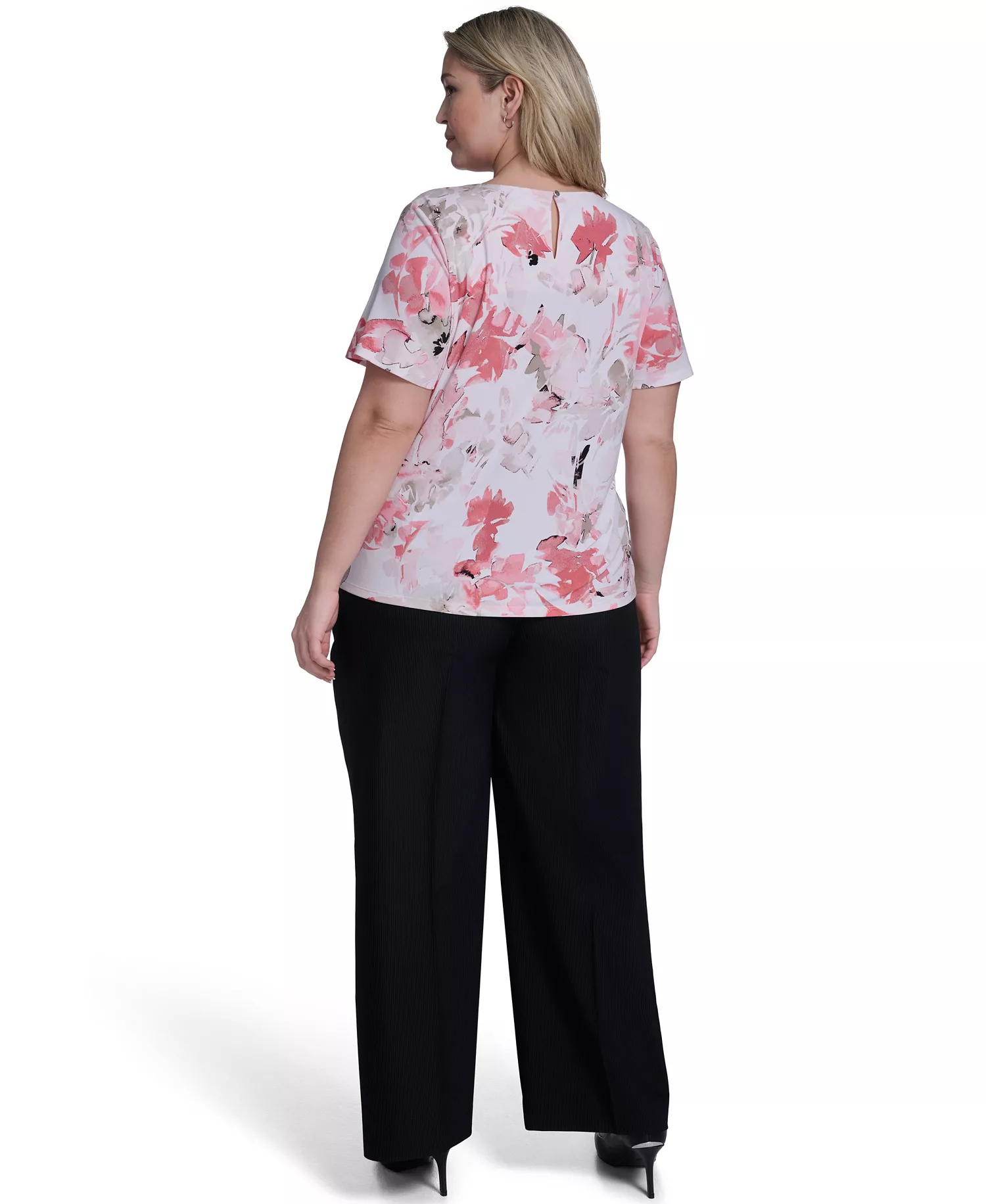 Plus Size Knit Short-Sleeve Crew Neck Top - Petal/Latte Multi - 1X