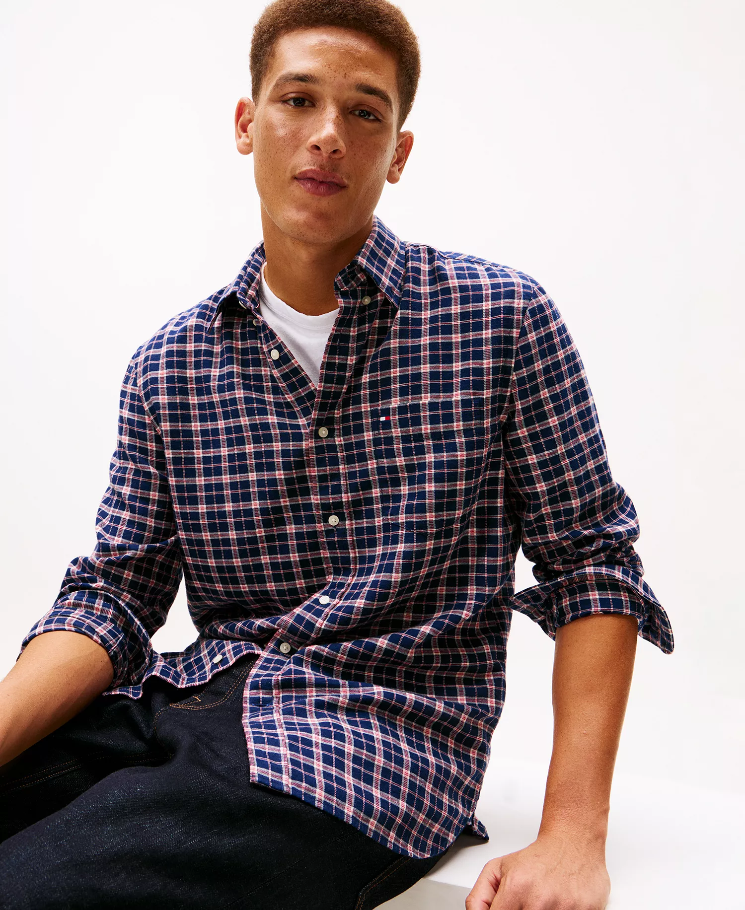 Men's Brushed Linen-Blend Medium Check Shirt - Carbon Navy / Check - L