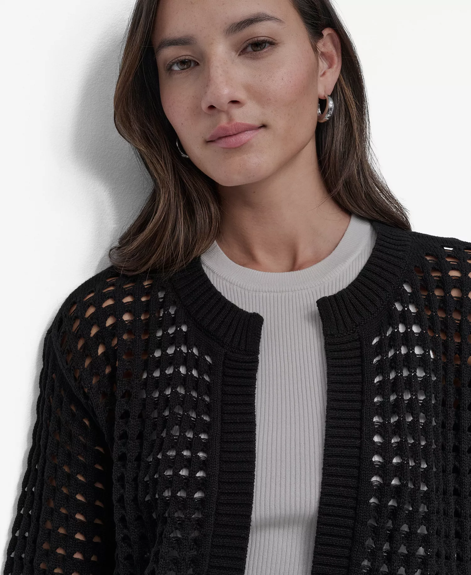 Women's Open-Stitch Drop-Shoulder Cardigan Sweater - Black - L