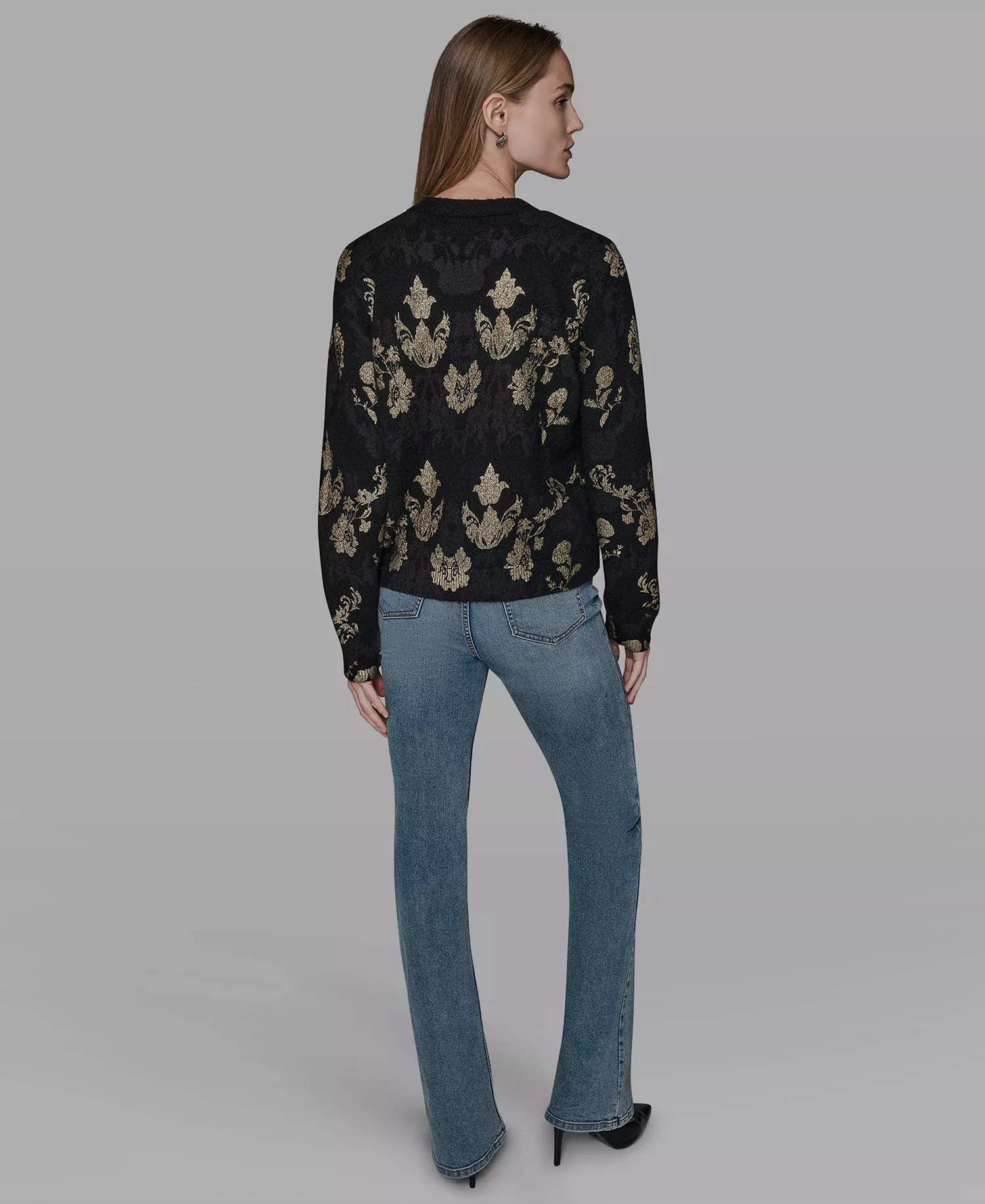 Women's Foil Floral Print Sweater - Black - XS