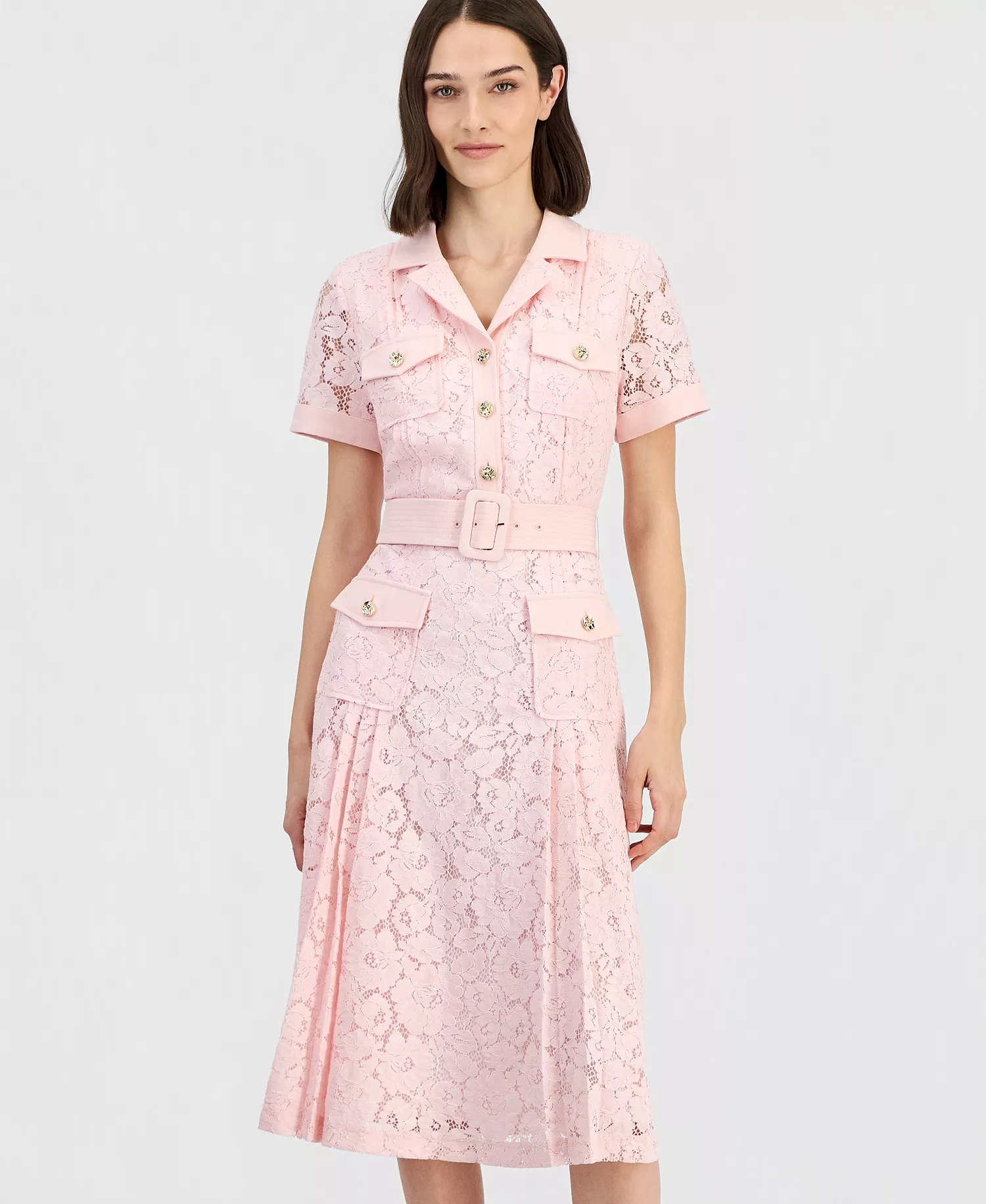Women's Belted Short-Sleeve Lace Midi Shirt Dress  - Tea Rose - 10