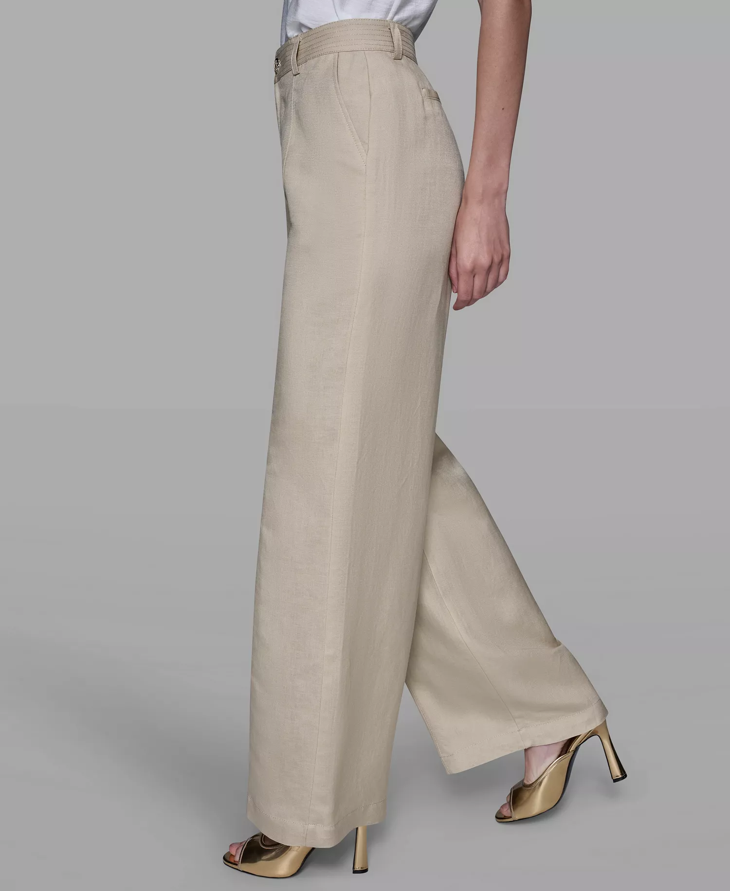 Women's Linen-Blend Straight Pocket Detail Pants - Desert Sand Multi - 10