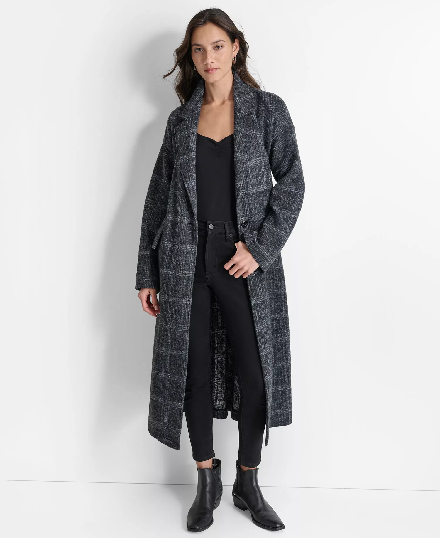 Women's Belted Long-Sleeve Robe Coat - Black green plaid - L