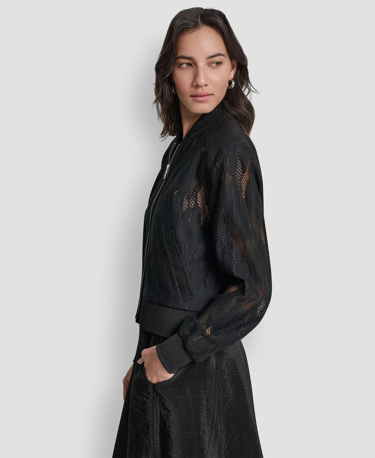 Women's Zip-Front Abstract Lace Zipper Front Jacket - Black - L