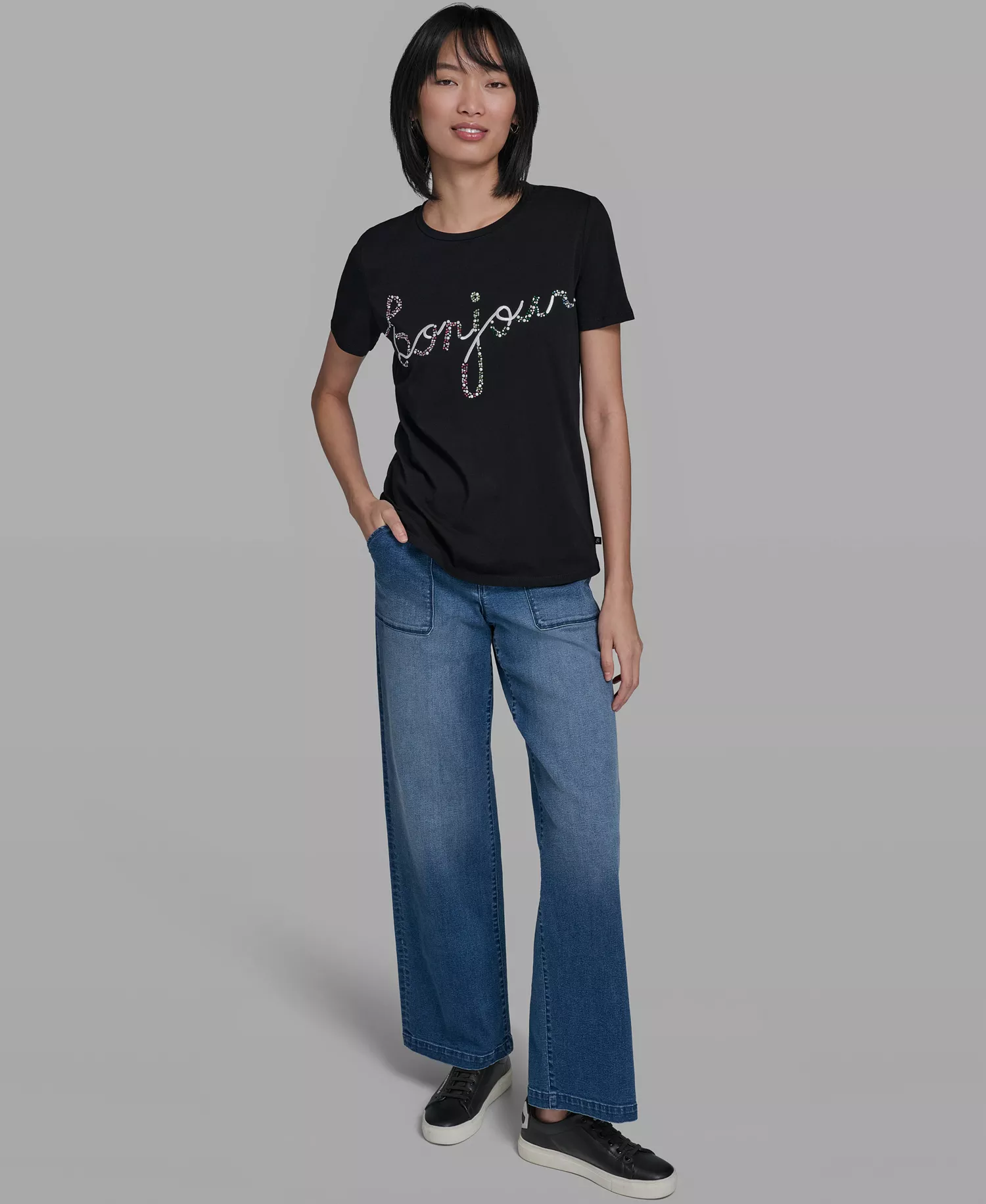 Women's Crew Neck Sunglasses T-Shirt - Black - L