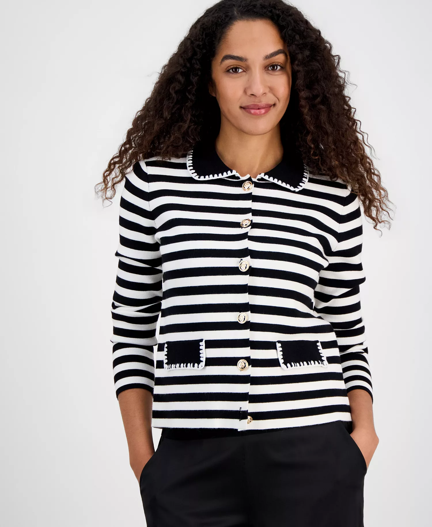 Women's Striped Collared Button Cardigan Sweater - Black / White Star/ Or - L