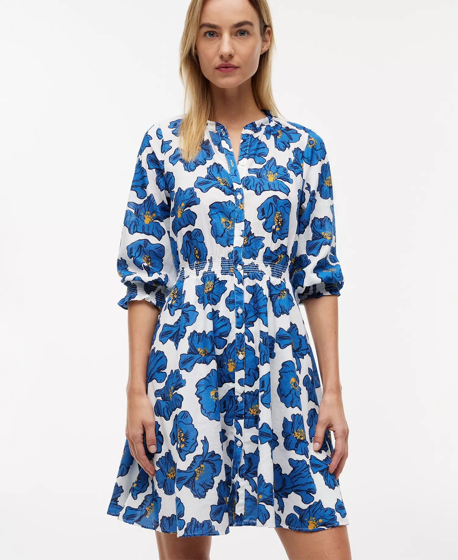 Women's Pin Tuck Cambric Shirt Dress - Pop Art Floral Ecru - L