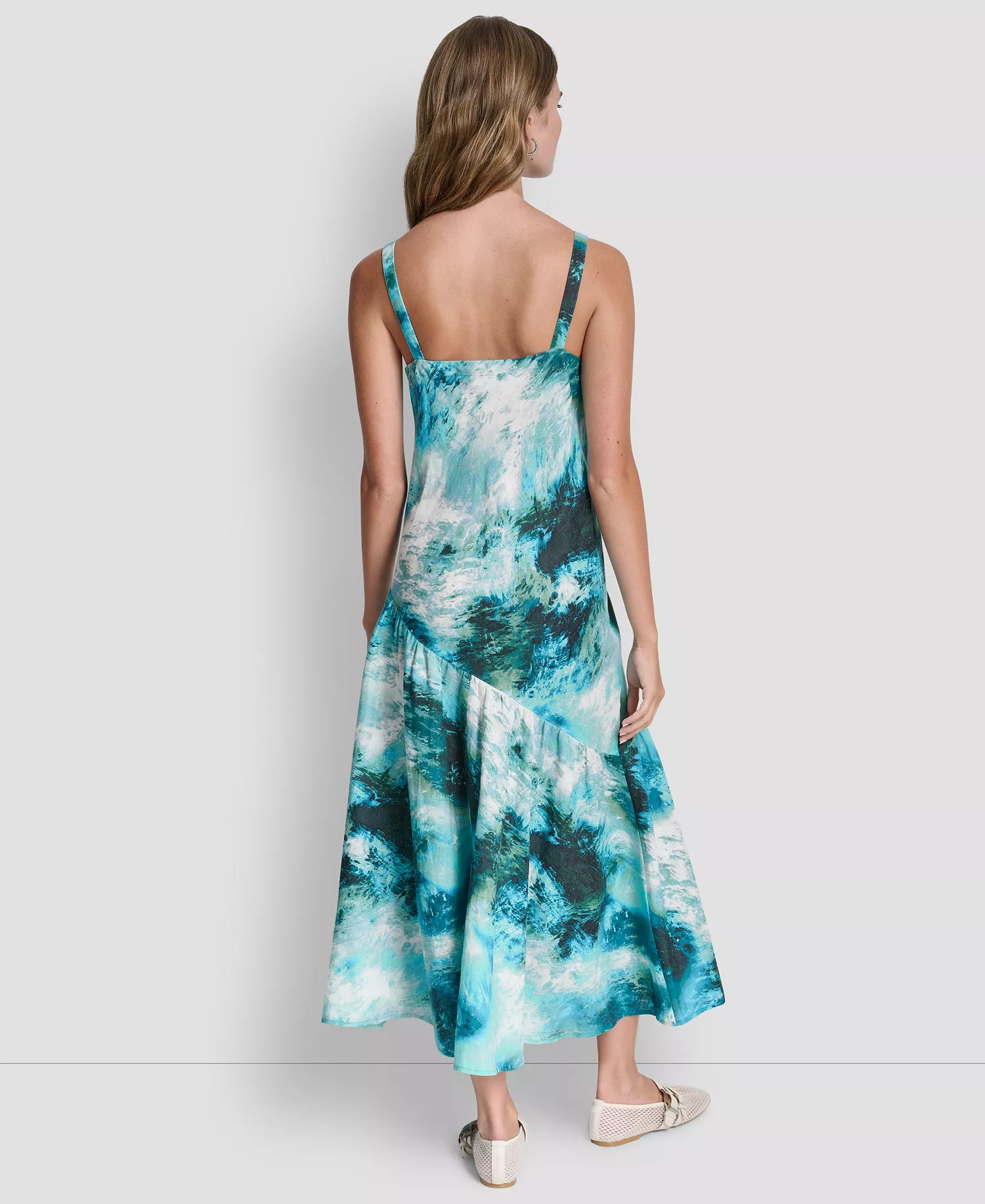 Women's Shirred Sleeveless Printed V-Neck Dress - Tidal Brushstroke - L