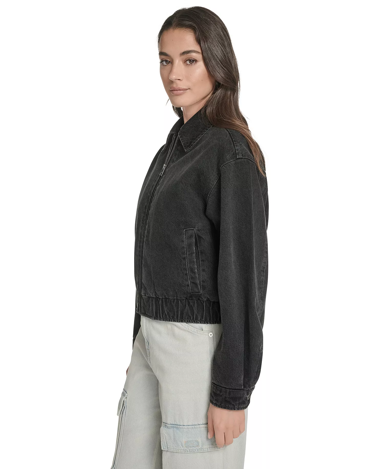 Women's Laydown Collar Denim Bomber Jacket - Black Denim - L