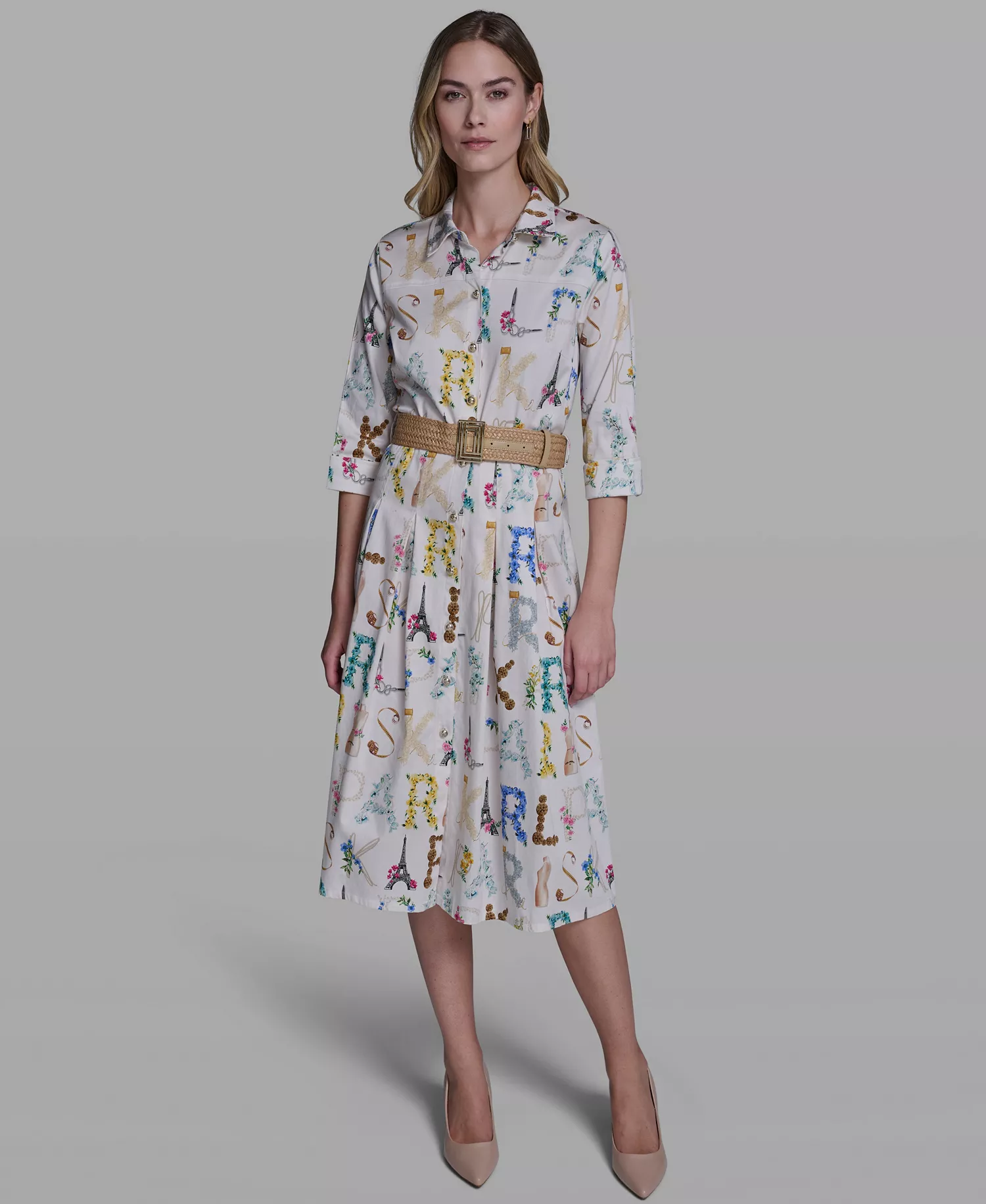 Women's Allover Print Belted Collared Shirt Dress - Bisque/Panna Cotta Multi - 0