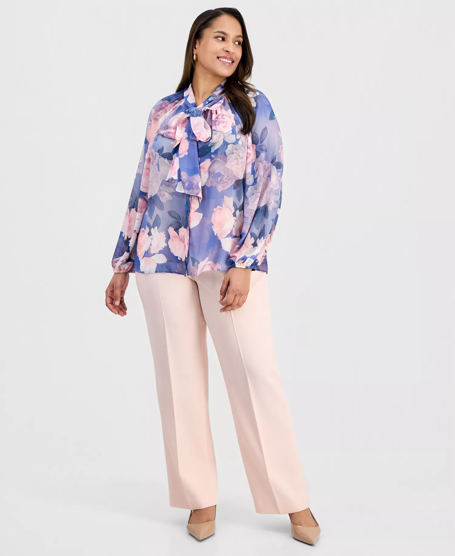 Plus Size Printed Ruffle-Tie Long-Sleeve Blouse - Blue Petal Floral - 1X