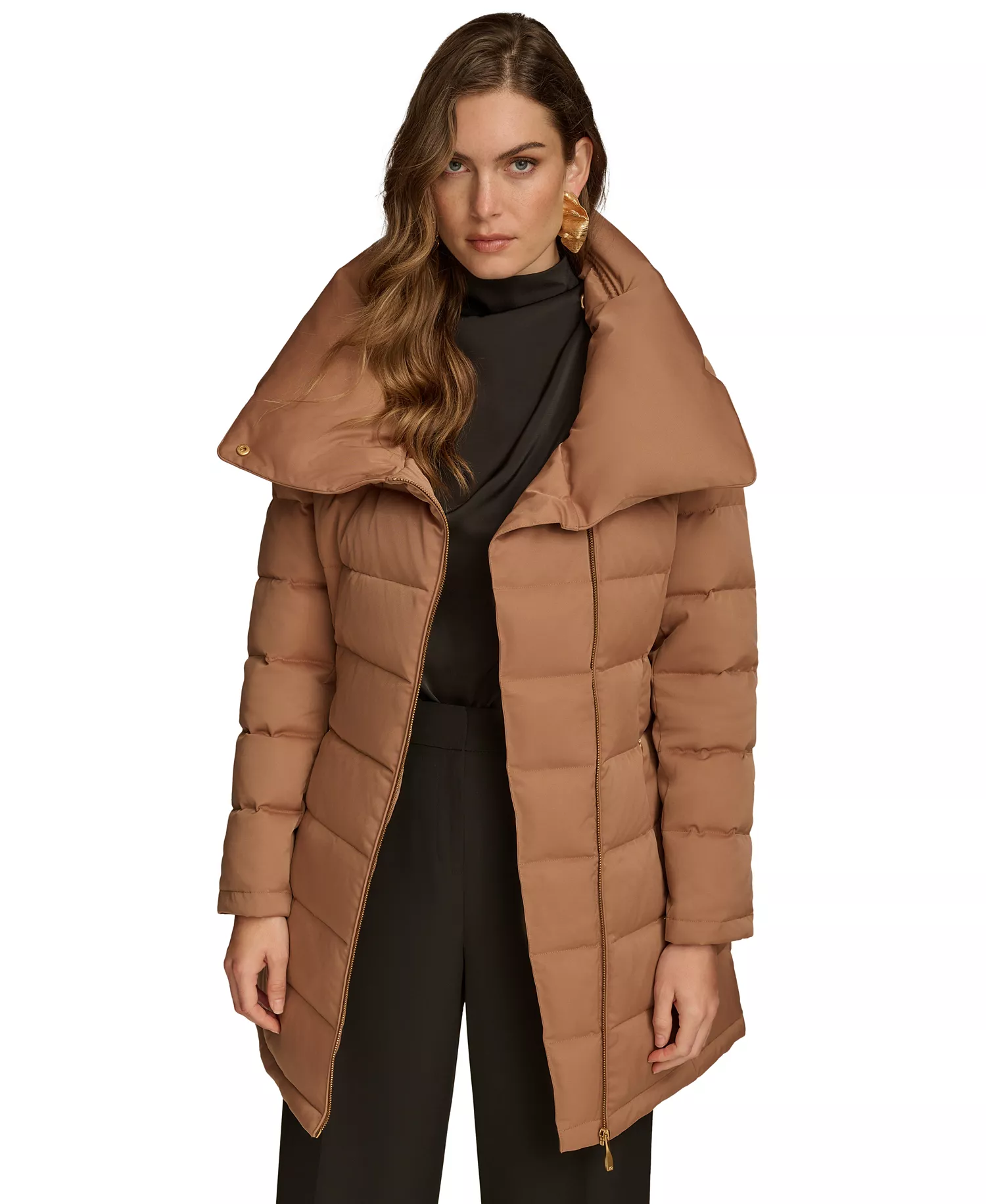 Women's Belted Asymmetric Puffer Coat - Antique Gold - L
