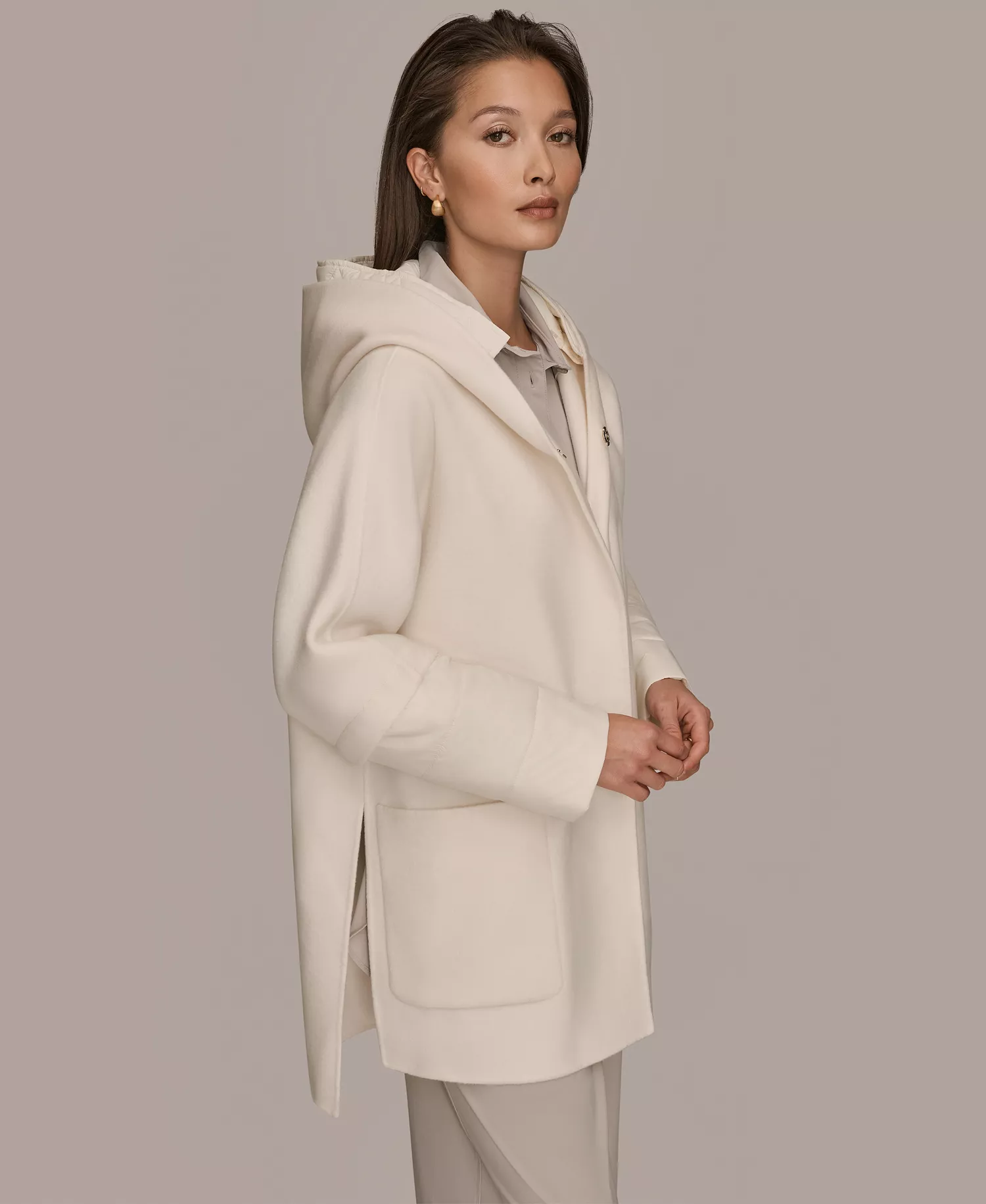 Women's Double Face Wool Cape Coat with Detachable Hood - Cream - L